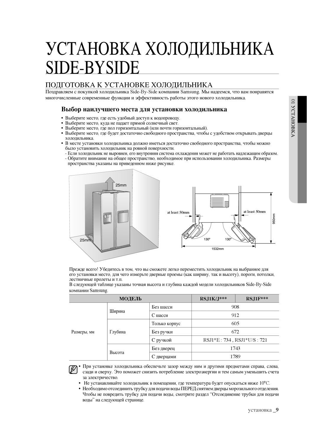 Samsung RSJ1FESV1/BWT manual Подготовка К Установке Холодильника, Выбор наилучшего места для установки холодильника 