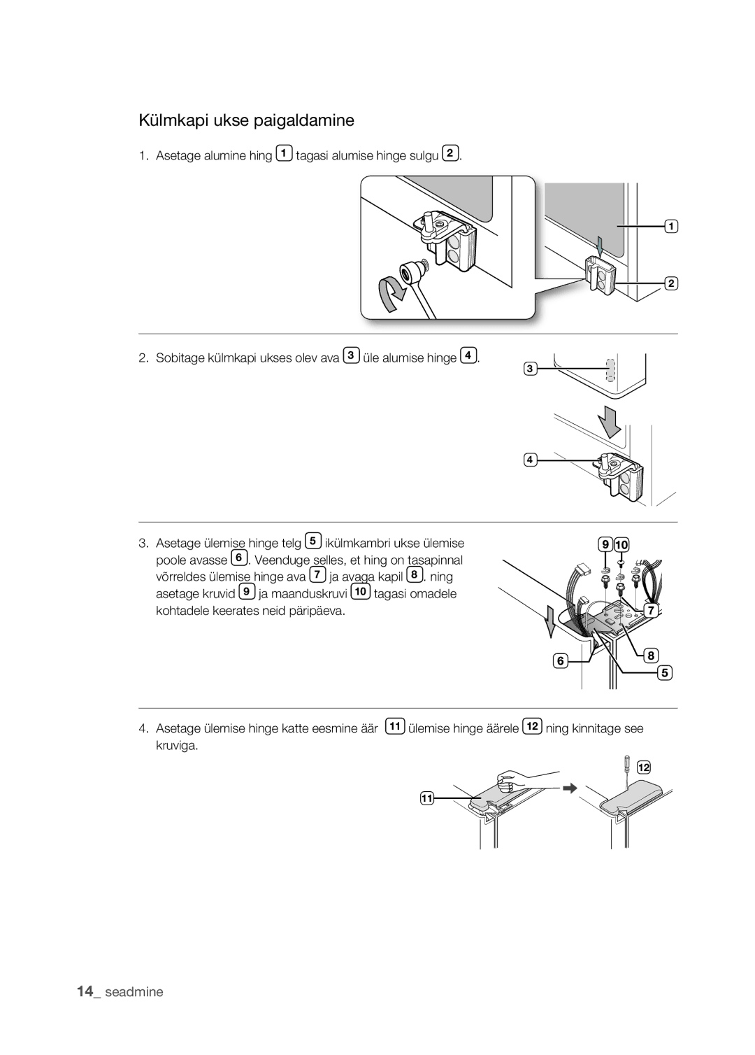 Samsung RSJ1KEPS1/BWT, RSJ1KERS1/BWT, RSJ1FEPS1/BWT, RSJ1FERS1/BWT manual Külmkapi ukse paigaldamine 