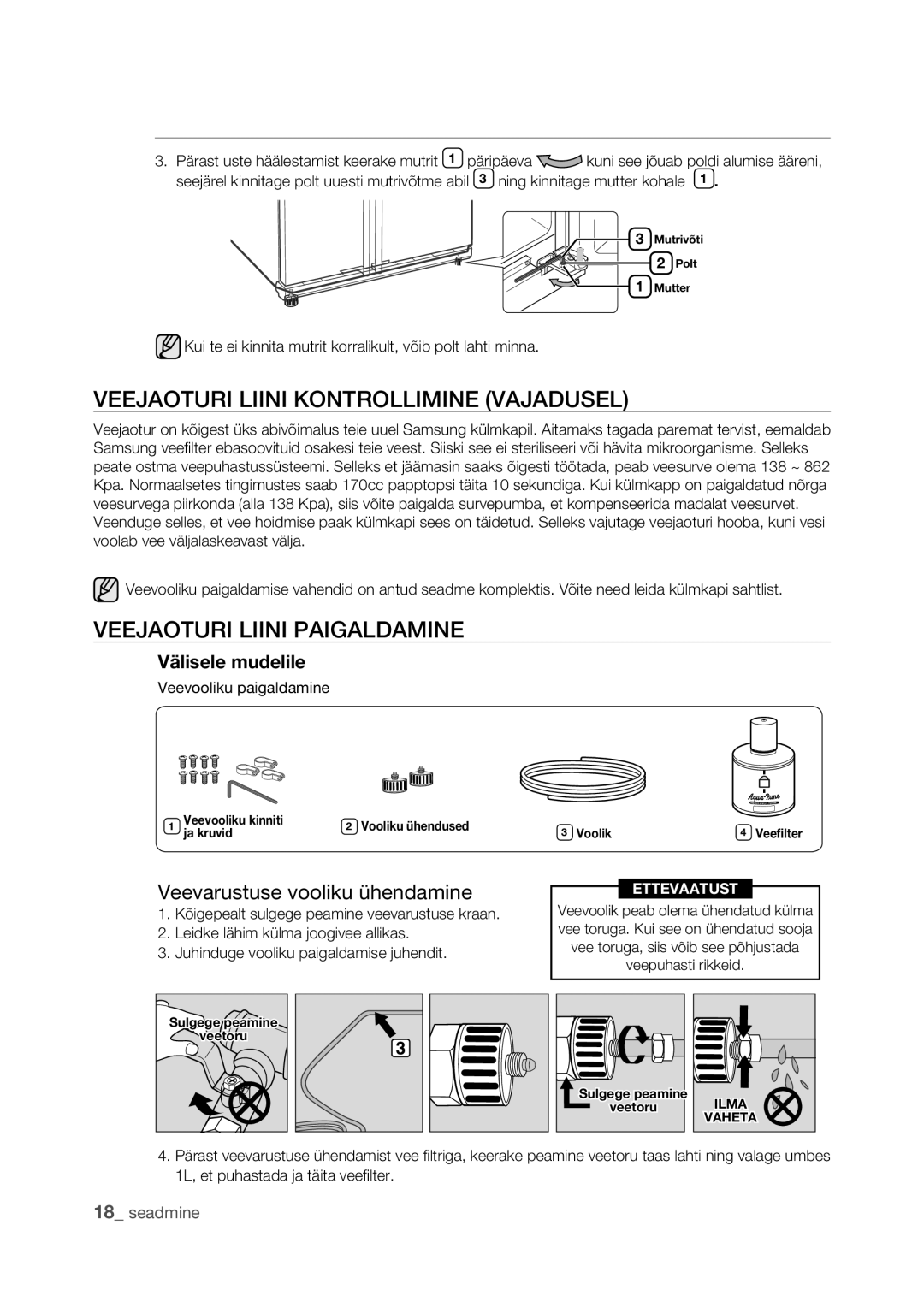 Samsung RSJ1KEPS1/BWT Veejaoturi Liini Kontrollimine Vajadusel, Veejaoturi Liini Paigaldamine, Veevooliku paigaldamine 