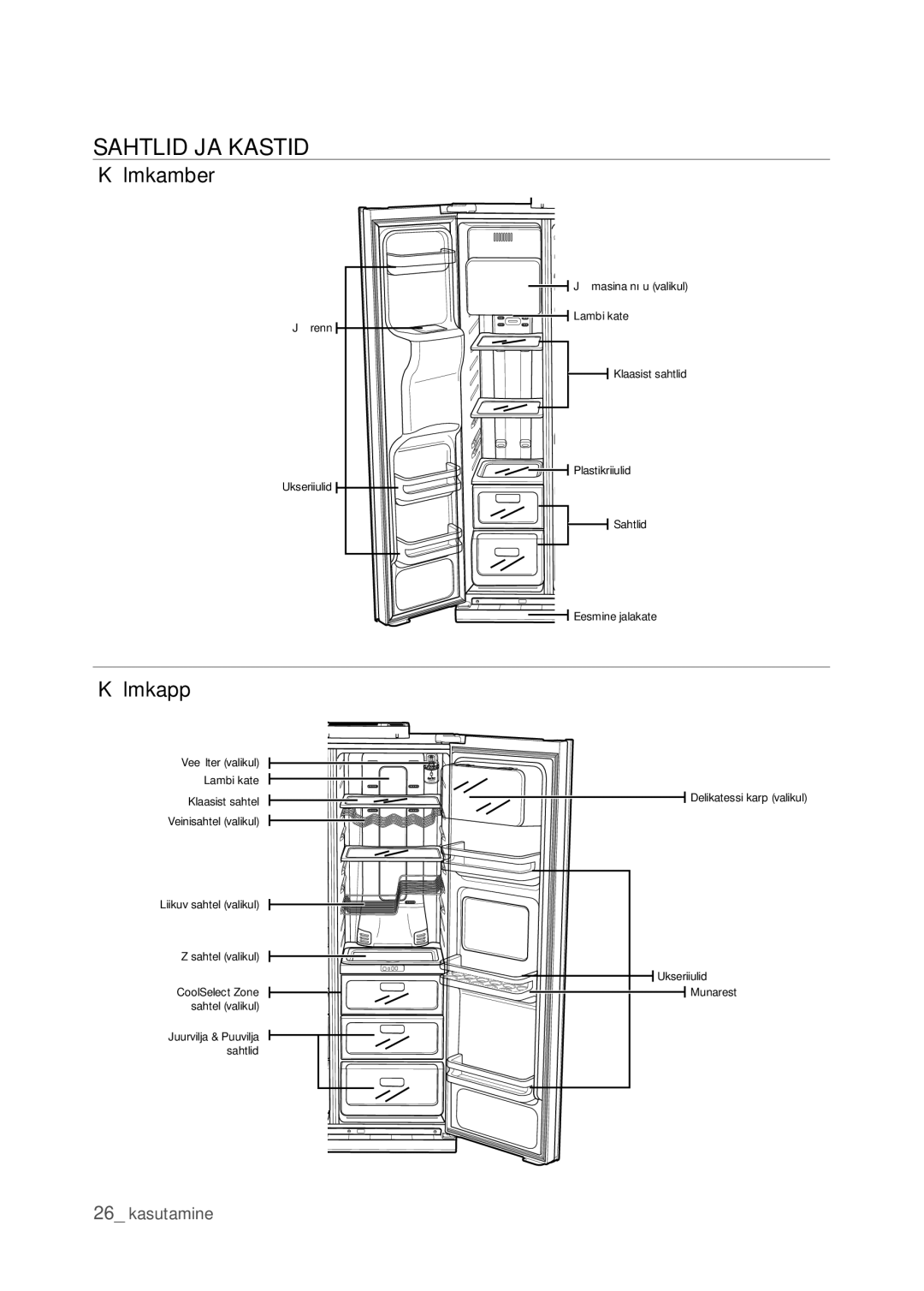 Samsung RSJ1KEPS1/BWT, RSJ1KERS1/BWT, RSJ1FEPS1/BWT, RSJ1FERS1/BWT manual Sahtlid JA Kastid, Külmkamber, Külmkapp 