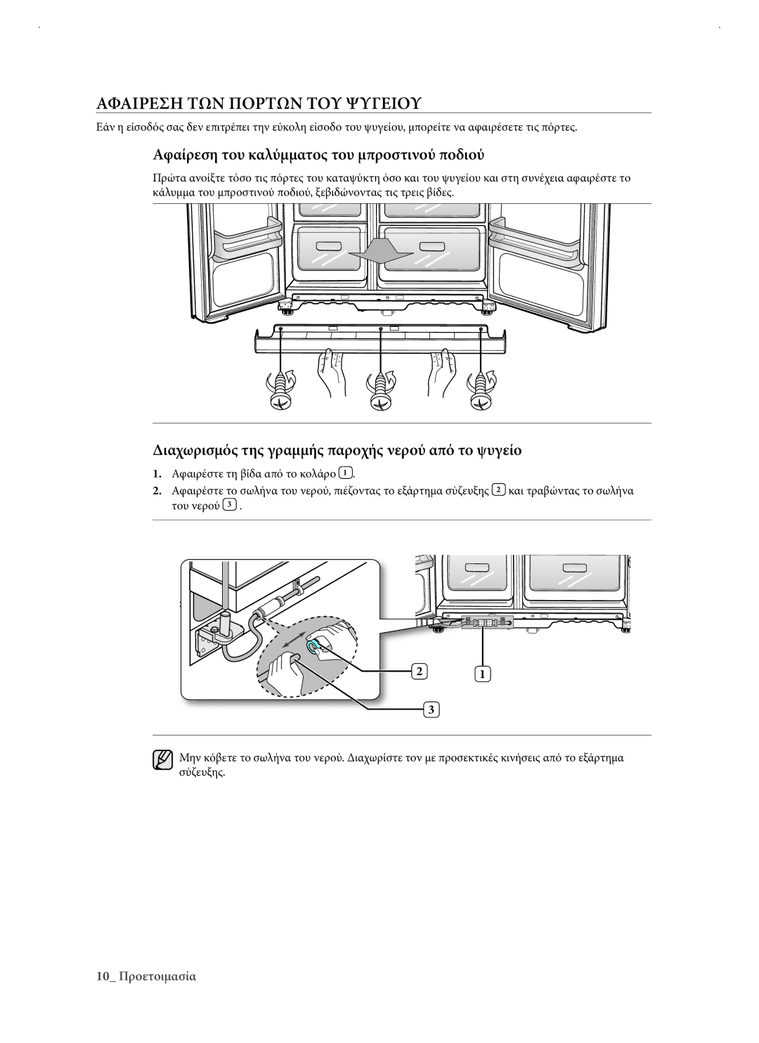 Samsung RSJ1KERS1/EUR manual Αφαιρεση ΤΩΝ Πορτων ΤΟΥ Ψυγειου, Αφαίρεση του καλύμματος του μπροστινού ποδιού 