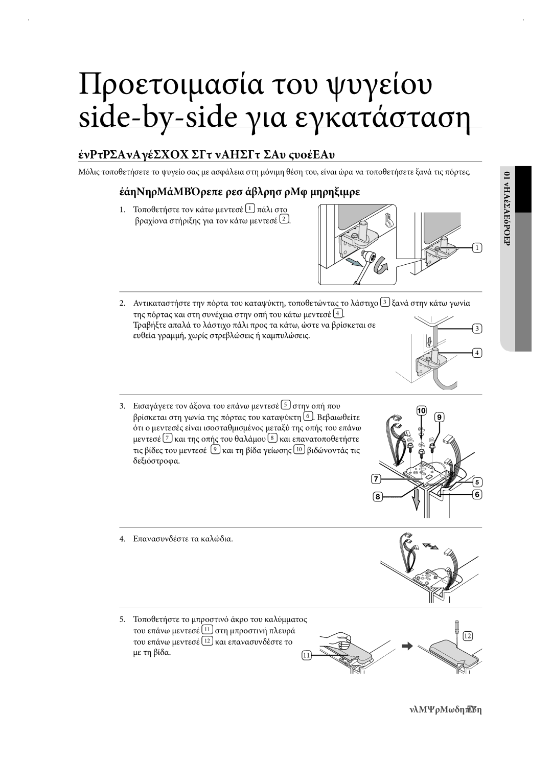 Samsung RSJ1KERS1/EUR manual Επανατοποθετηση ΤΩΝ Πορτων ΤΟΥ Ψυγειου, Επανατοποθέτηση της πόρτας του καταψύκτη 