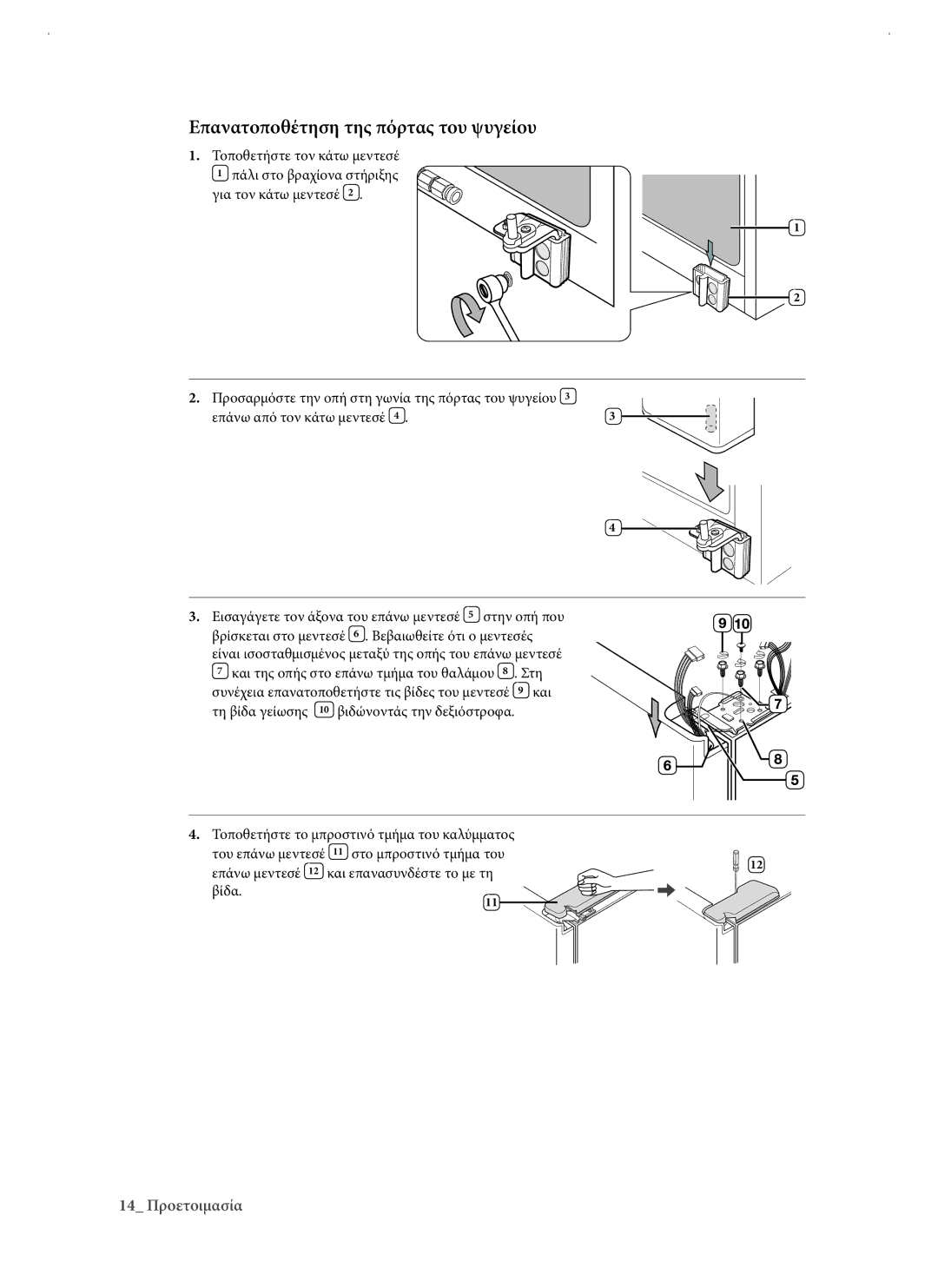 Samsung RSJ1KERS1/EUR manual Επανατοποθέτηση της πόρτας του ψυγείου 