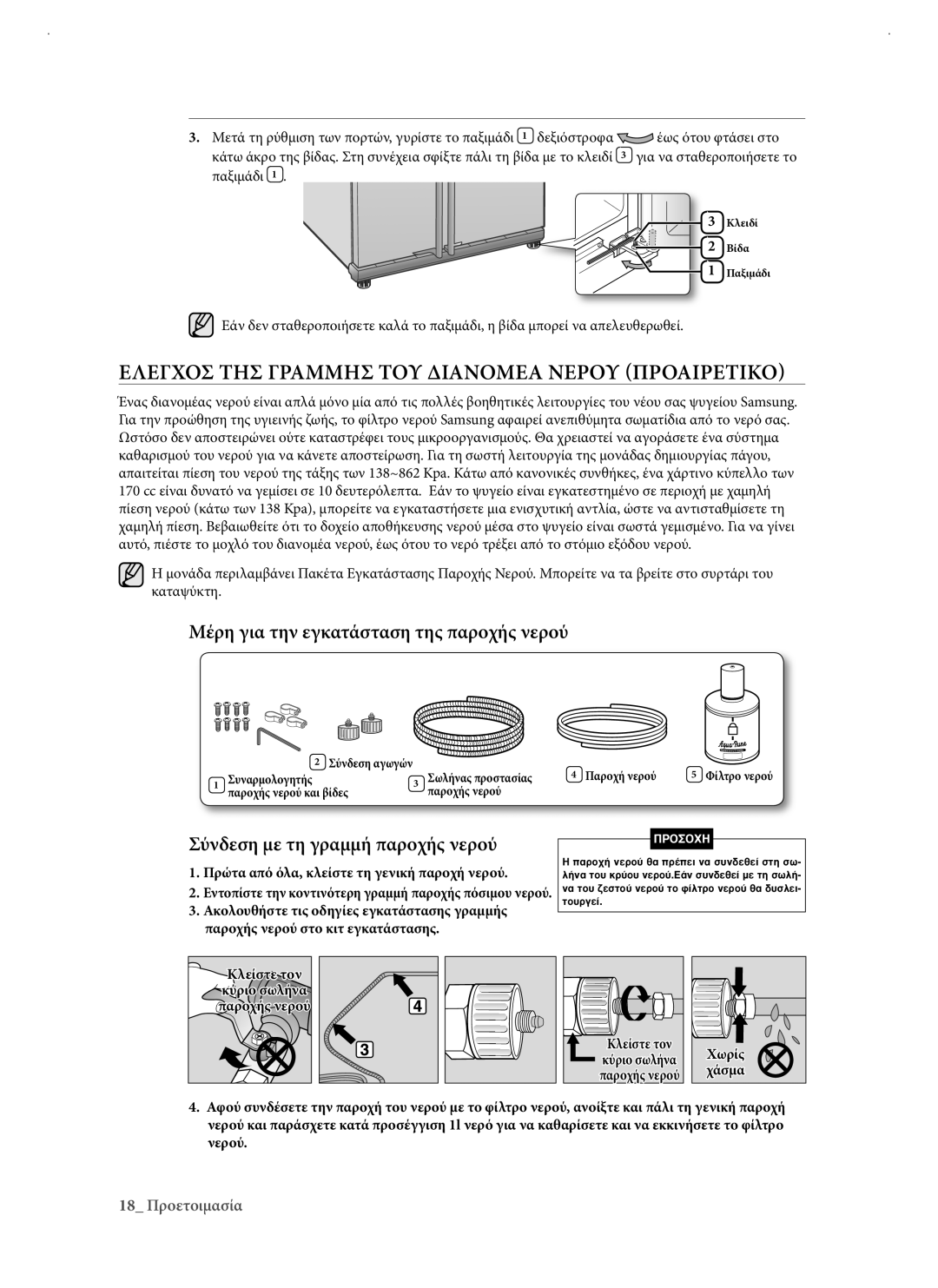 Samsung RSJ1KERS1/EUR manual Ελεγχοσ ΤΗΣ Γραμμησ ΤΟΥ Διανομεα Νερου Προαιρετικο, Μέρη για την εγκατάσταση της παροχής νερού 