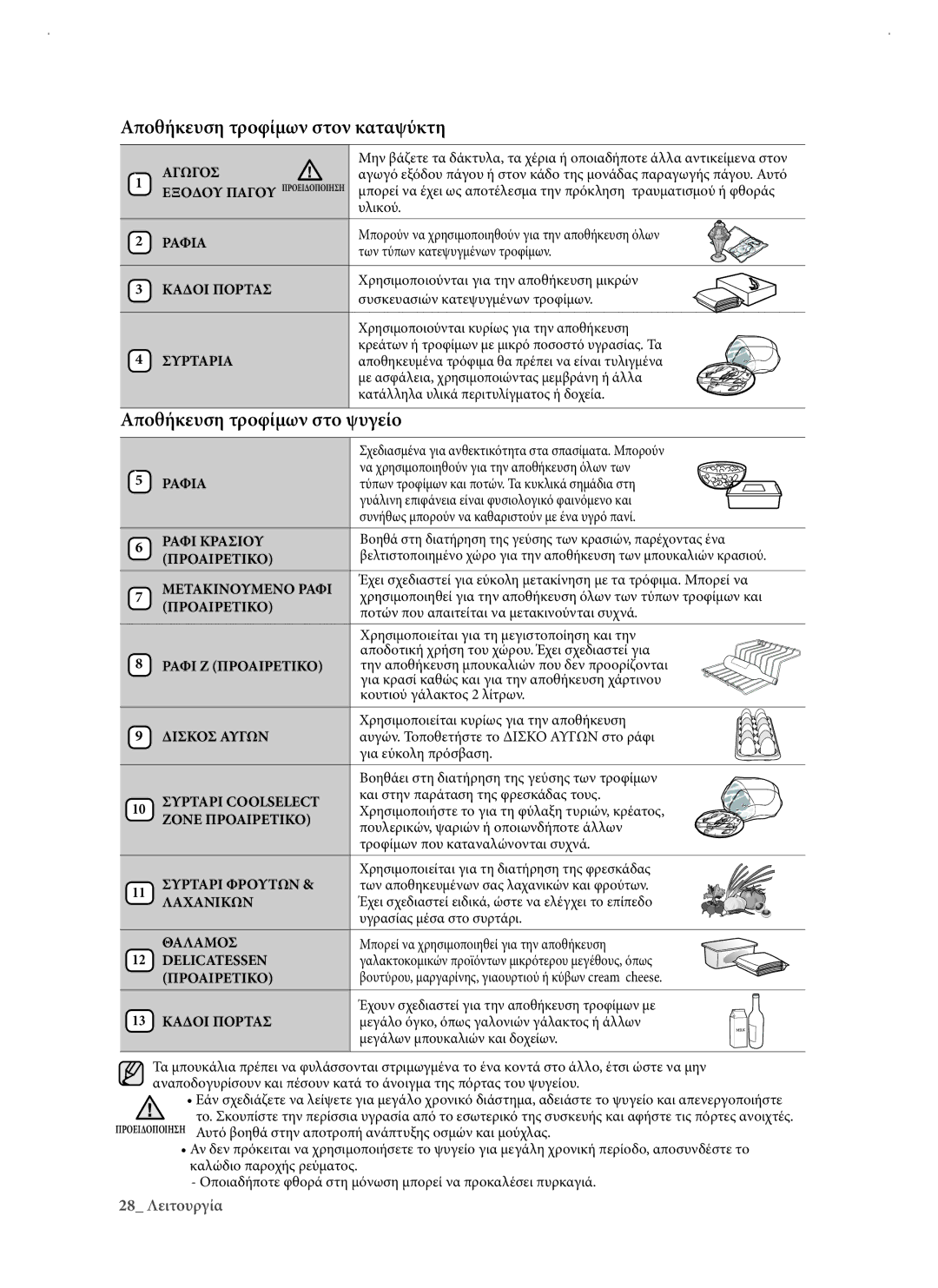 Samsung RSJ1KERS1/EUR manual Αποθήκευση τροφίμων στον καταψύκτη, Αποθήκευση τροφίμων στο ψυγείο 