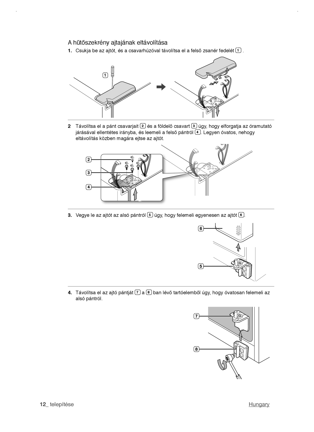 Samsung RSJ1KERS1/XEH, RSJ1KERS1/XAG, RSJ1KERS1/XEO, RSJ1KERS1/SWS manual Hűtőszekrény ajtajának eltávolítása 