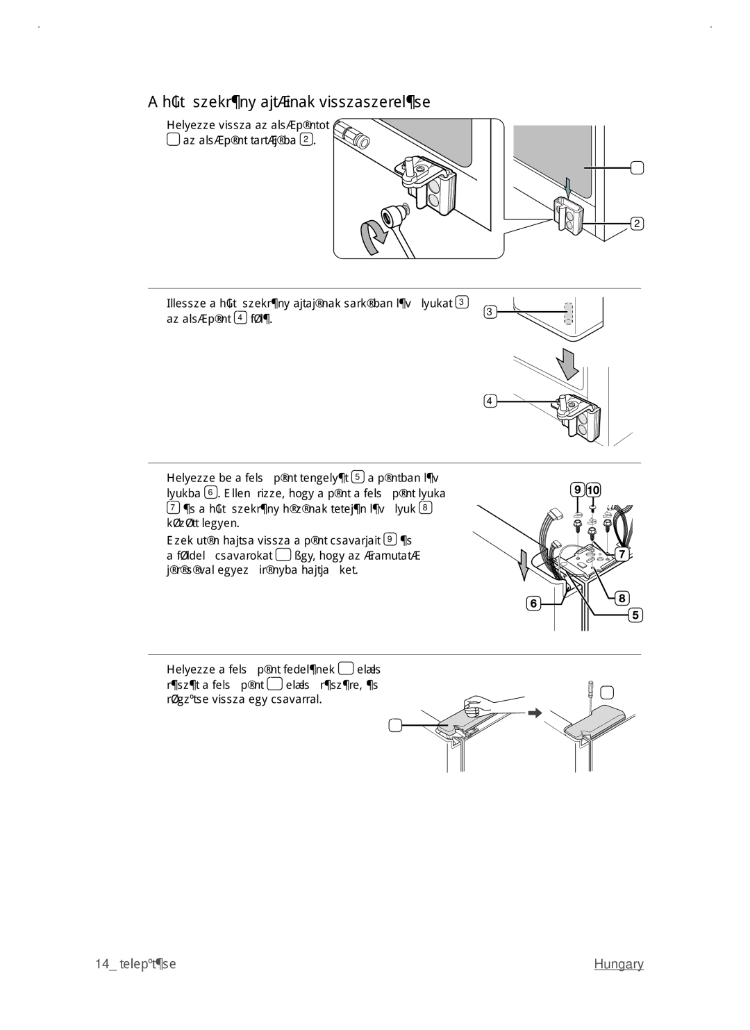 Samsung RSJ1KERS1/XEO, RSJ1KERS1/XEH, RSJ1KERS1/XAG, RSJ1KERS1/SWS manual Hűtőszekrény ajtóinak visszaszerelése 