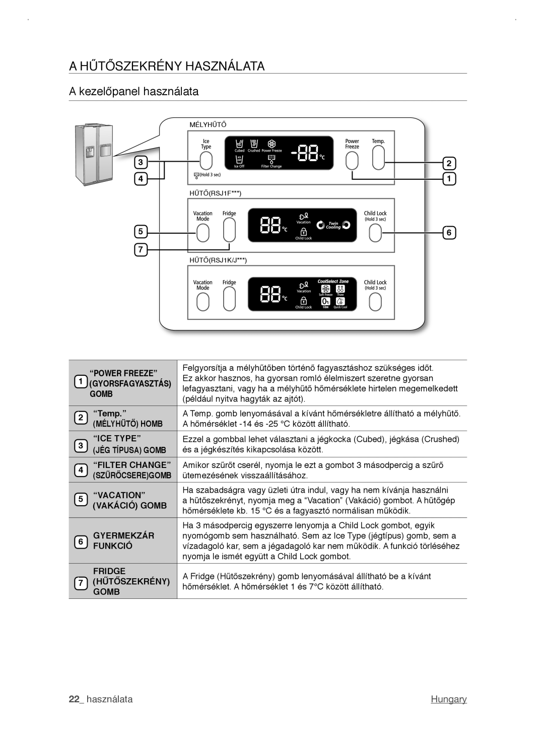 Samsung RSJ1KERS1/XEO, RSJ1KERS1/XEH, RSJ1KERS1/XAG, RSJ1KERS1/SWS manual Hűtőszekrény Használata, Kezelőpanel használata 