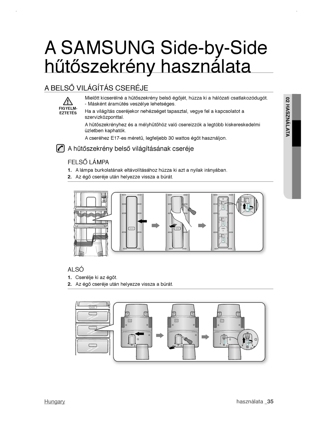 Samsung RSJ1KERS1/SWS, RSJ1KERS1/XEH, RSJ1KERS1/XAG manual Belső Világítás Cseréje, Hűtőszekrény belső világításának cseréje 