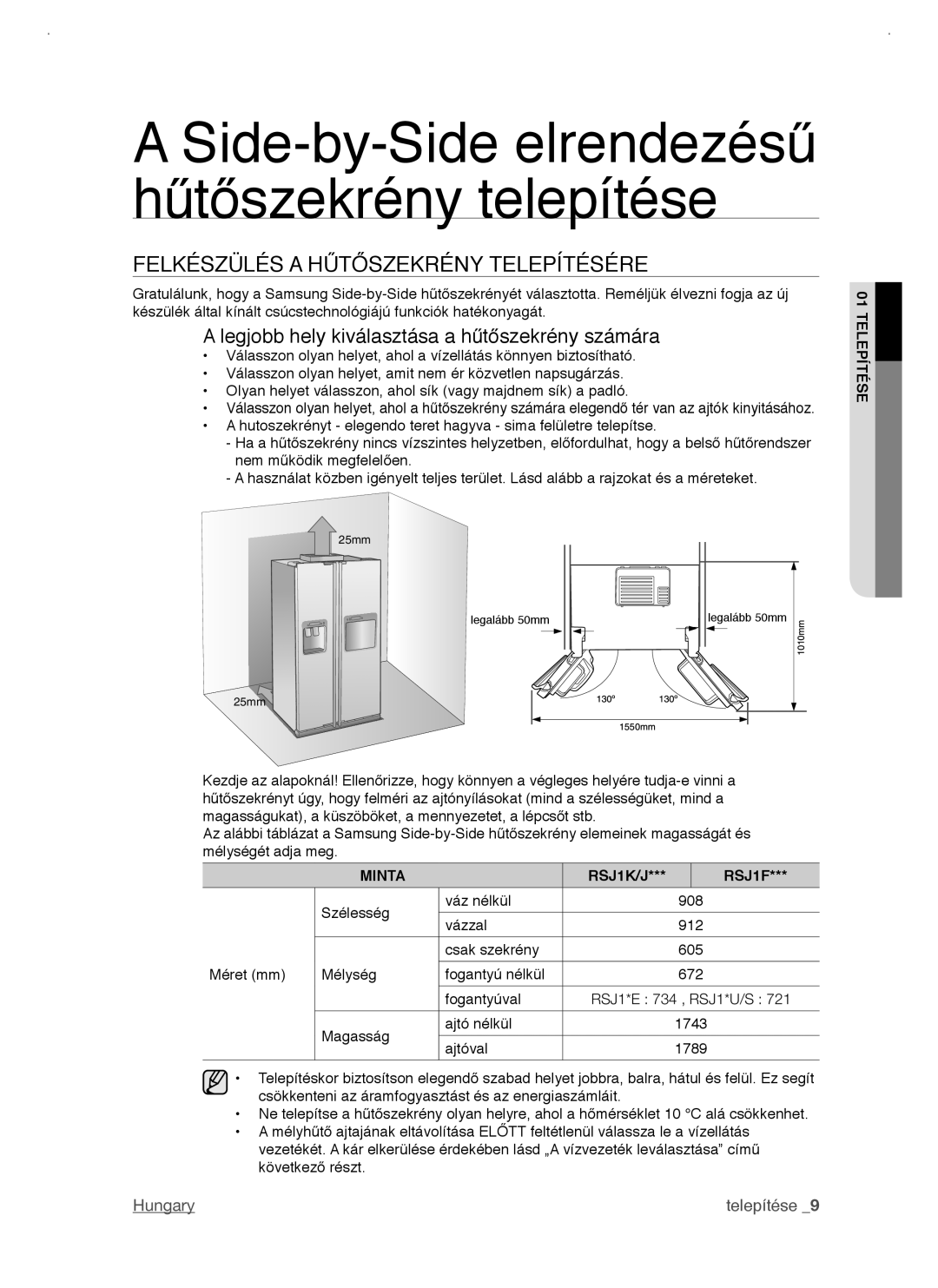 Samsung RSJ1KERS1/XAG manual Felkészülés a Hűtőszekrény Telepítésére, Legjobb hely kiválasztása a hűtőszekrény számára 