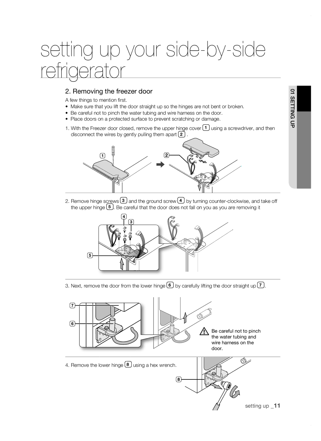 Samsung RSJ1KERS1/XAG, RSJ1KERS1/XEH, RSJ1ZERS1/XEH, RSJ1KERS1/XEO, RSJ1KERS1/SWS manual Removing the freezer door 