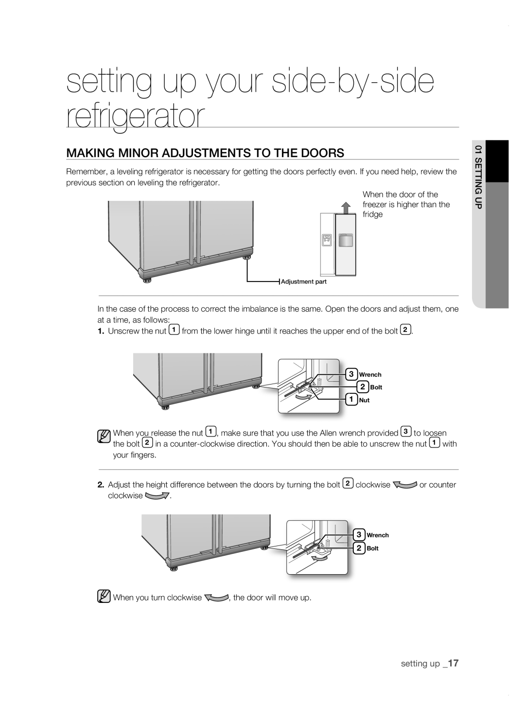 Samsung RSJ1ZERS1/XEH, RSJ1KERS1/XEH, RSJ1KERS1/XAG, RSJ1KERS1/XEO, RSJ1KERS1/SWS manual MaKing Minor aDJustMEnts to tHE Doors 