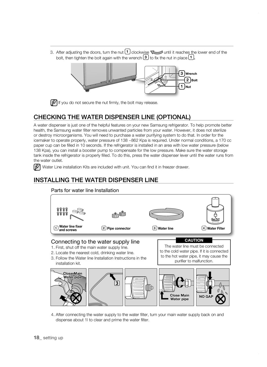 Samsung RSJ1KERS1/XEO, RSJ1KERS1/XEH manual CHECKing tHE watEr DisPEnsEr LinE oPtionaL, InstaLLing tHE watEr DisPEnsEr LinE 