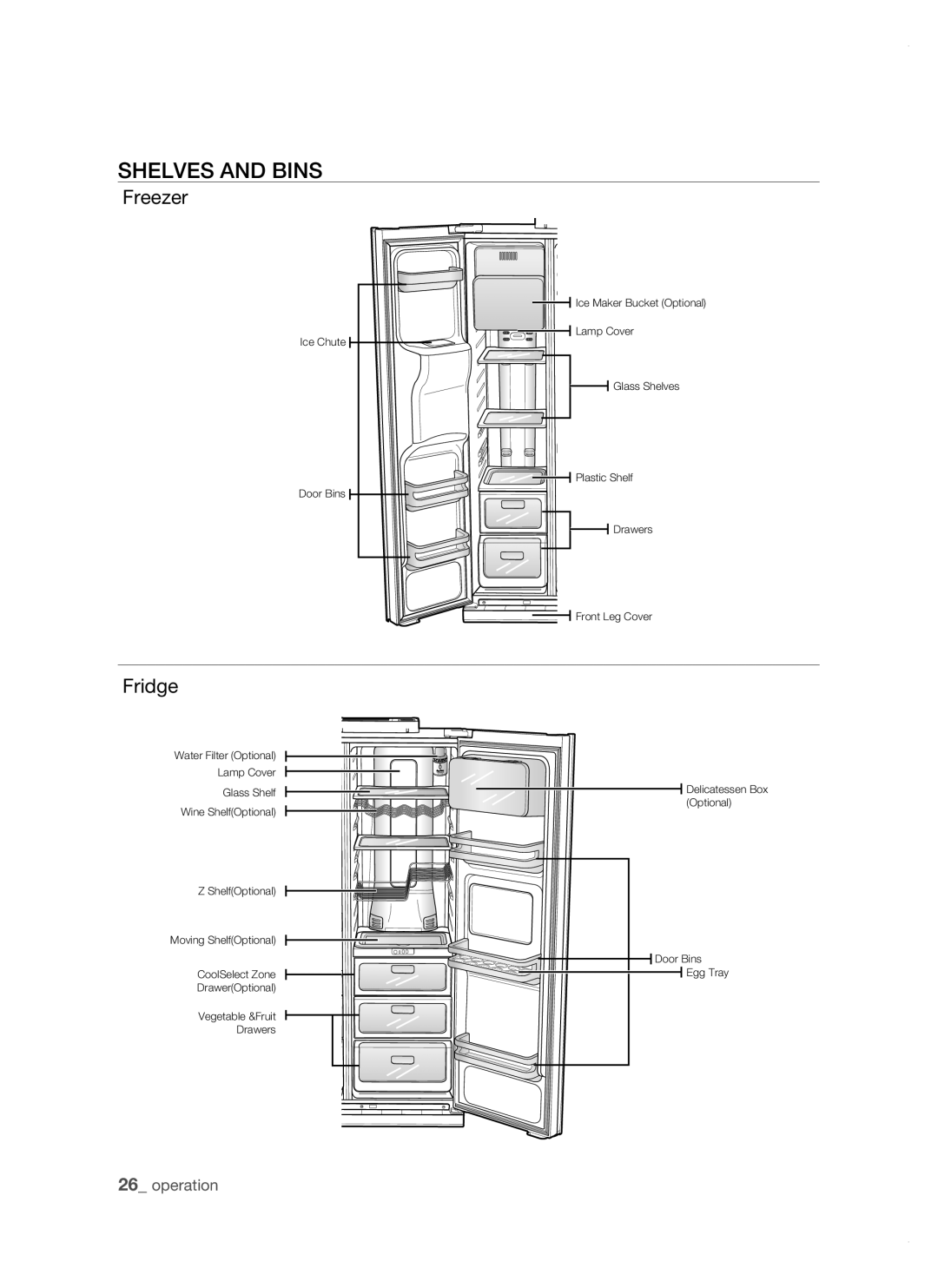 Samsung RSJ1KERS1/XAG, RSJ1KERS1/XEH, RSJ1ZERS1/XEH, RSJ1KERS1/XEO, RSJ1KERS1/SWS manual SHELVEs anD Bins, Freezer, Fridge 