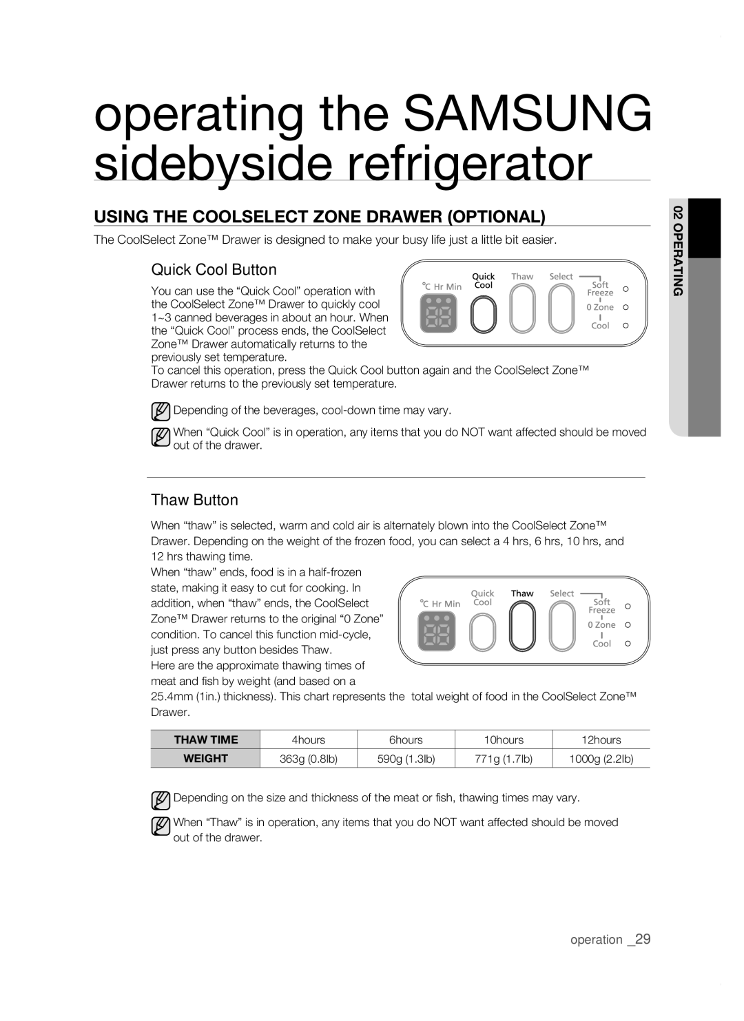 Samsung RSJ1KERS1/SWS, RSJ1KERS1/XEH manual Using tHE CooLsELECt ZonE DrawEr oPtionaL, Quick Cool Button, Thaw Button 