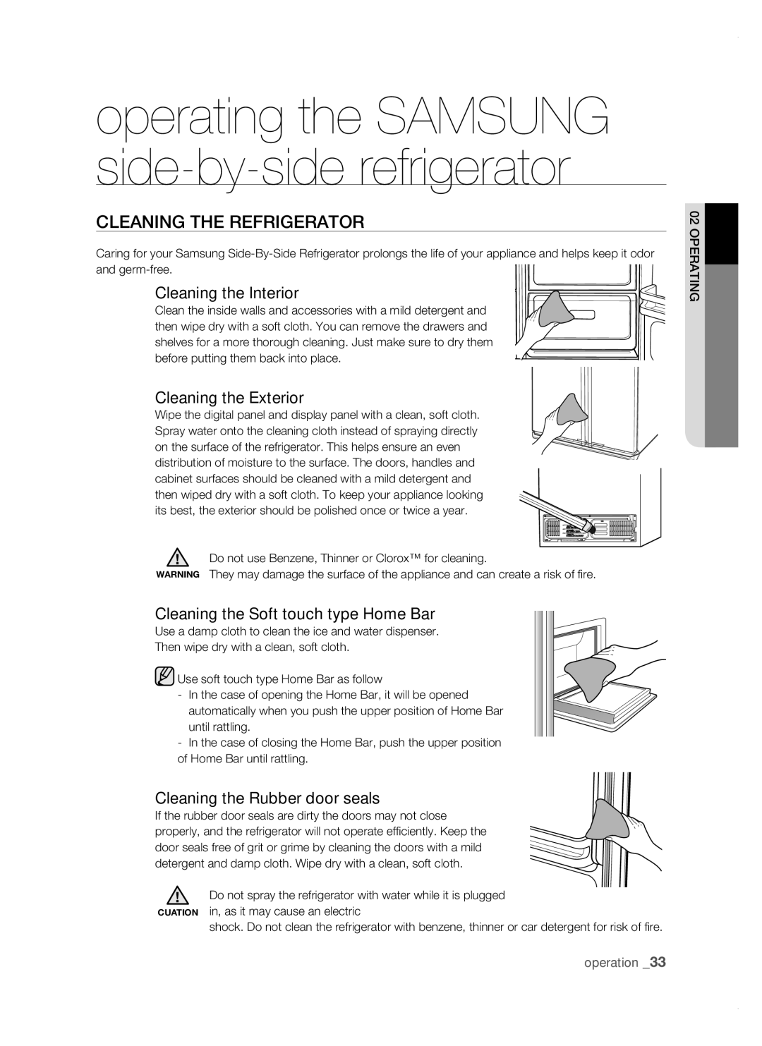 Samsung RSJ1KERS1/XEO, RSJ1KERS1/XEH, RSJ1KERS1/XAG CLEaning tHE rEfrigErator, Cleaning the Interior, Cleaning the Exterior 