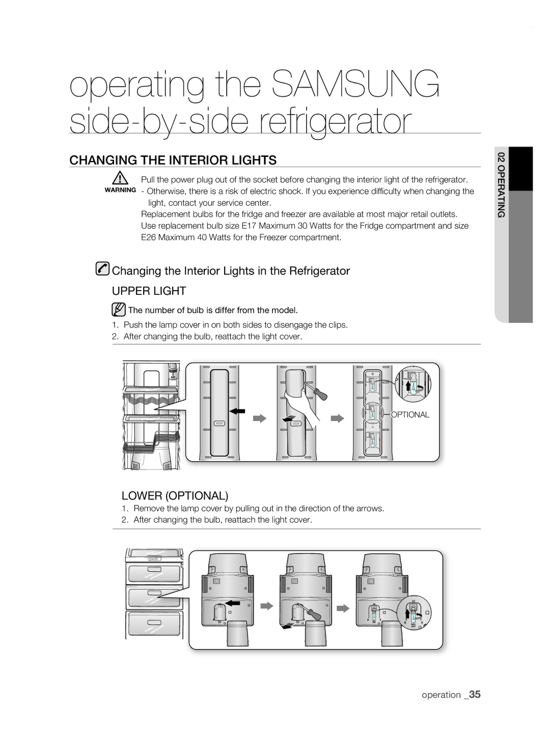 Samsung RSJ1KERS1/XEH, RSJ1KERS1/XAG manual CHanging tHE intErior LigHts, Changing the Interior Lights in the Refrigerator 