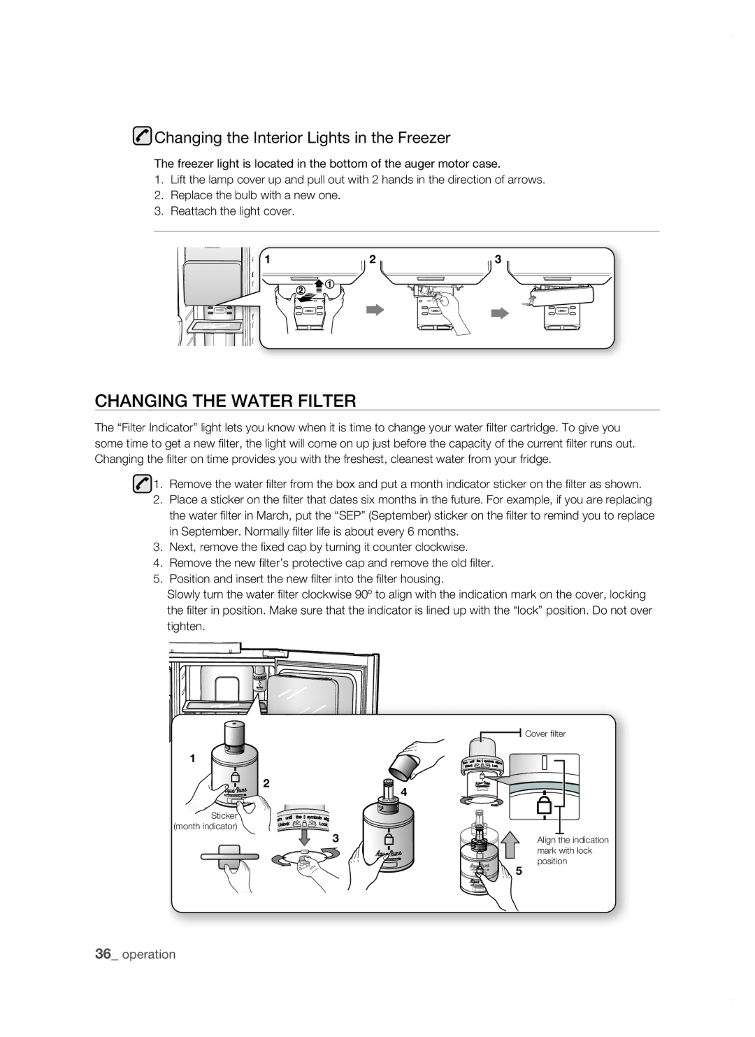 Samsung RSJ1KERS1/XAG, RSJ1KERS1/XEH, RSJ1ZERS1/XEH CHanging tHE watEr fiLtEr, Changing the Interior Lights in the Freezer 