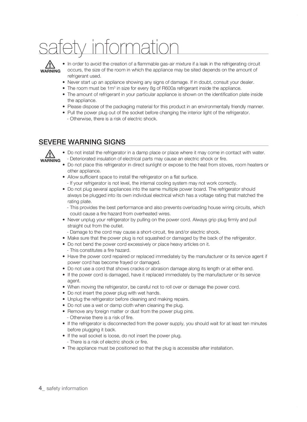 Samsung RSJ1KERS1/SWS, RSJ1KERS1/XEH, RSJ1KERS1/XAG, RSJ1ZERS1/XEH, RSJ1KERS1/XEO manual SEVErE warning signs, Rating plate 