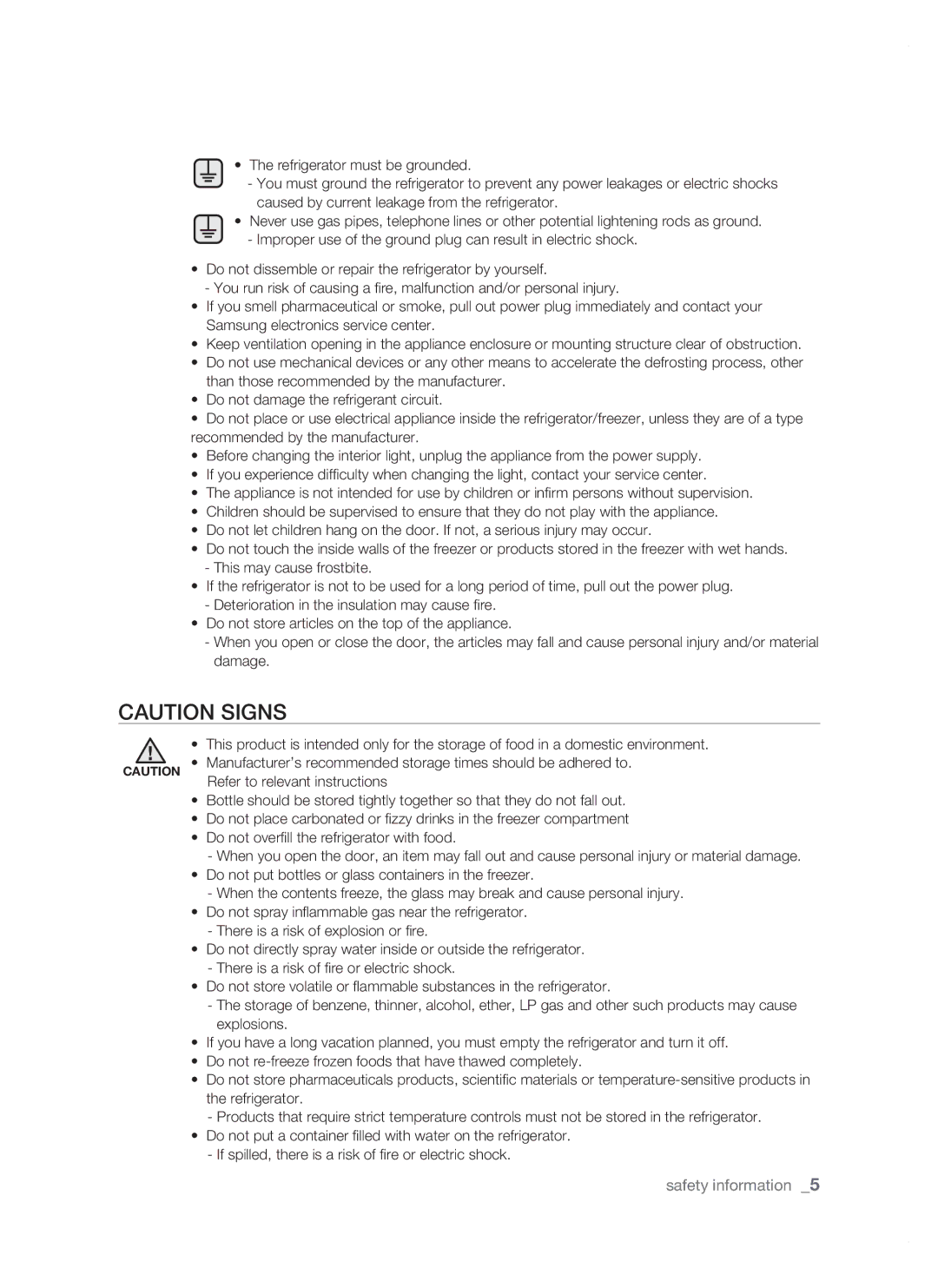 Samsung RSJ1KERS1/XEH, RSJ1KERS1/XAG, RSJ1ZERS1/XEH, RSJ1KERS1/XEO, RSJ1KERS1/SWS manual Safety information  