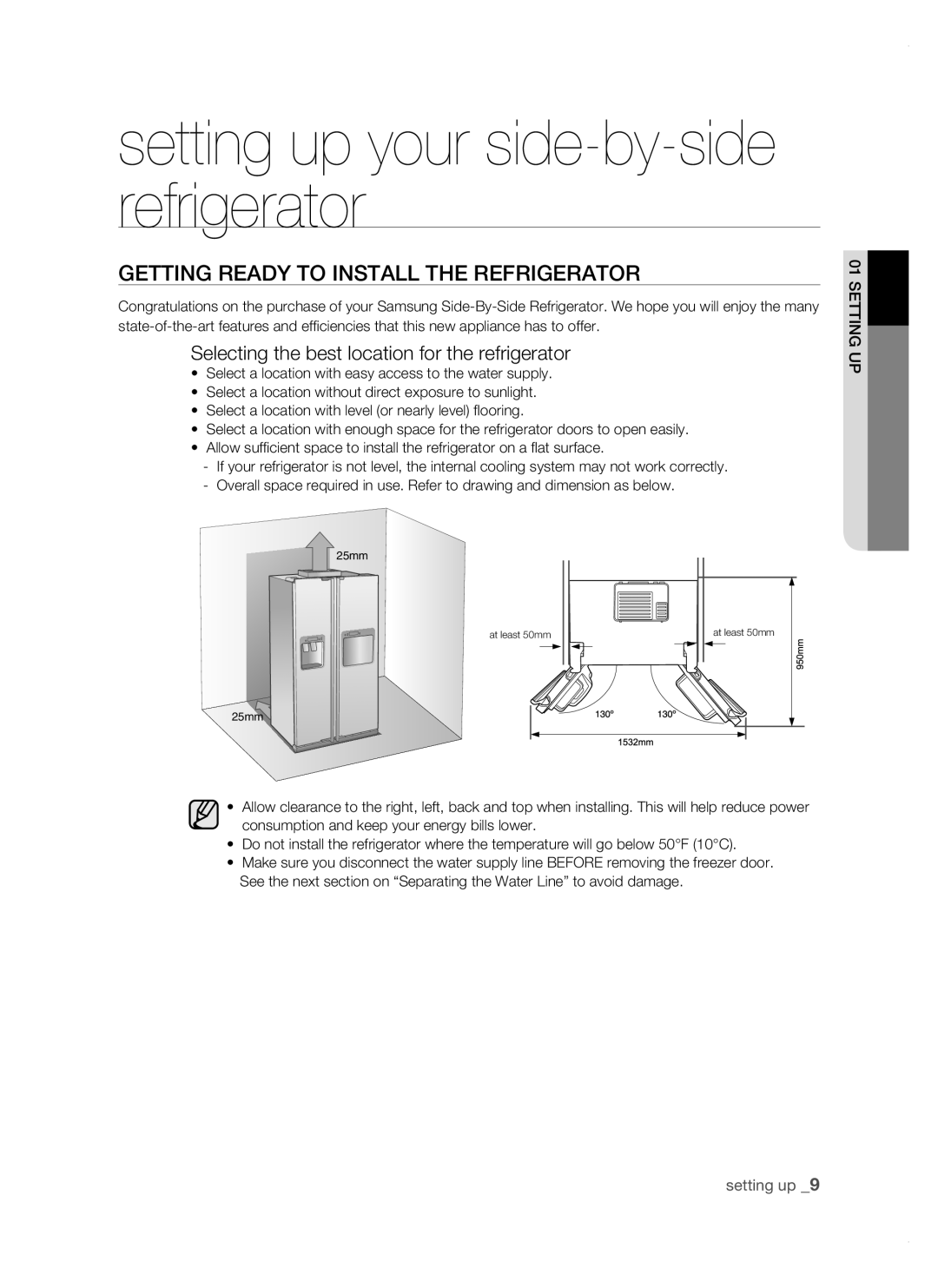 Samsung RSJ1KERS1/SWS manual GEtting rEaDy to instaLL tHE rEfrigErator, Selecting the best location for the refrigerator 