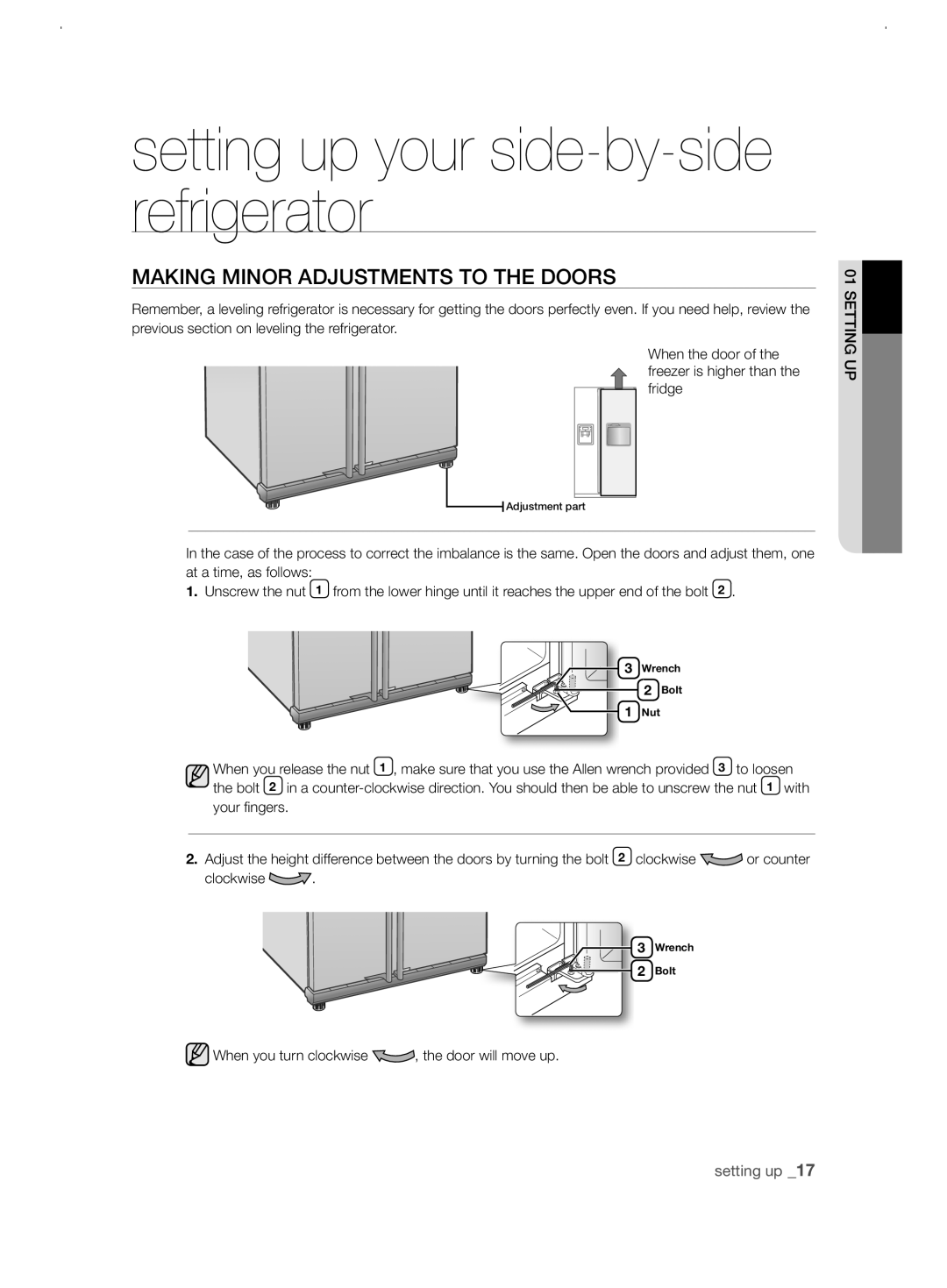 Samsung RSJ1ZERS1/XEH, RSJ1KERS1/XEH manual MaKing Minor aDJustMEnts to tHE Doors, To loosen, Your fingers, Clockwise 