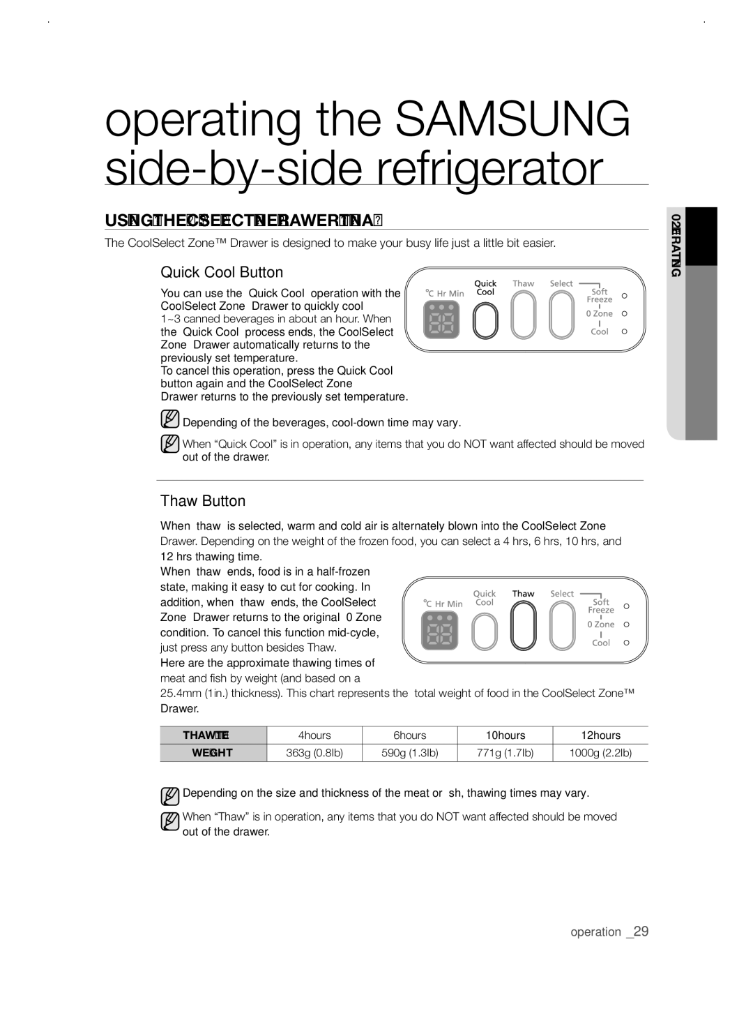 Samsung RSJ1KERS1/SWS, RSJ1KERS1/XEH manual Using tHE CooLsELECt ZonE DrawEr oPtionaL, Quick Cool Button, Thaw Button 