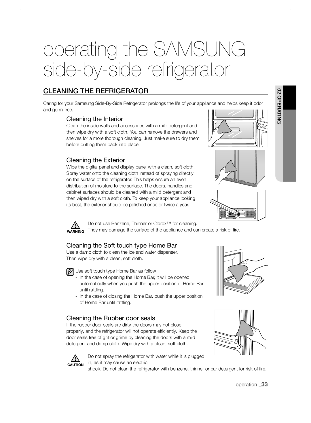 Samsung RSJ1KERS1/XEO, RSJ1KERS1/XEH, RSJ1KERS1/XAG CLEaning tHE rEfrigErator, Cleaning the Interior, Cleaning the Exterior 