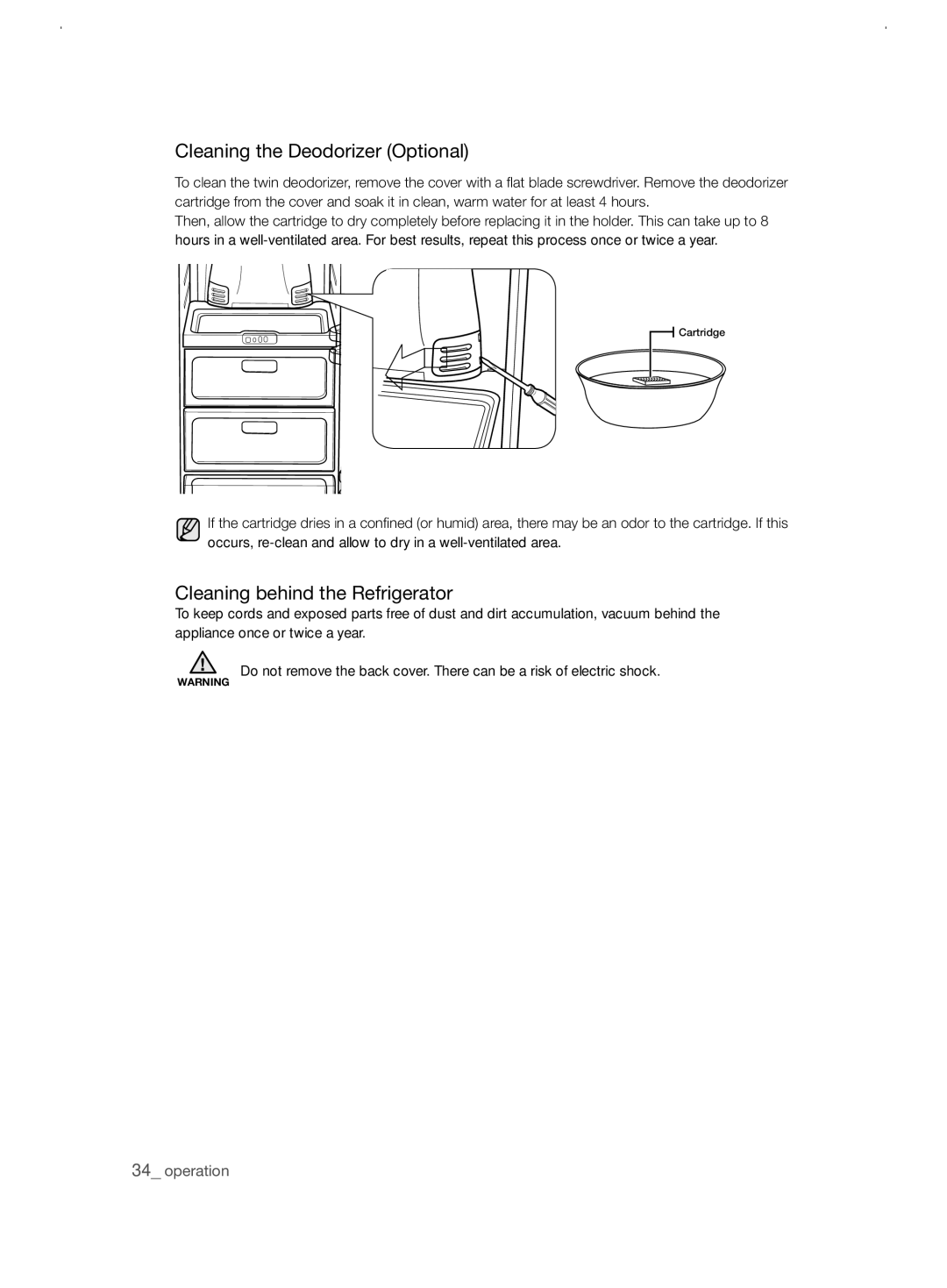 Samsung RSJ1KERS1/SWS, RSJ1KERS1/XEH, RSJ1KERS1/XAG manual Cleaning the Deodorizer Optional, Cleaning behind the Refrigerator 