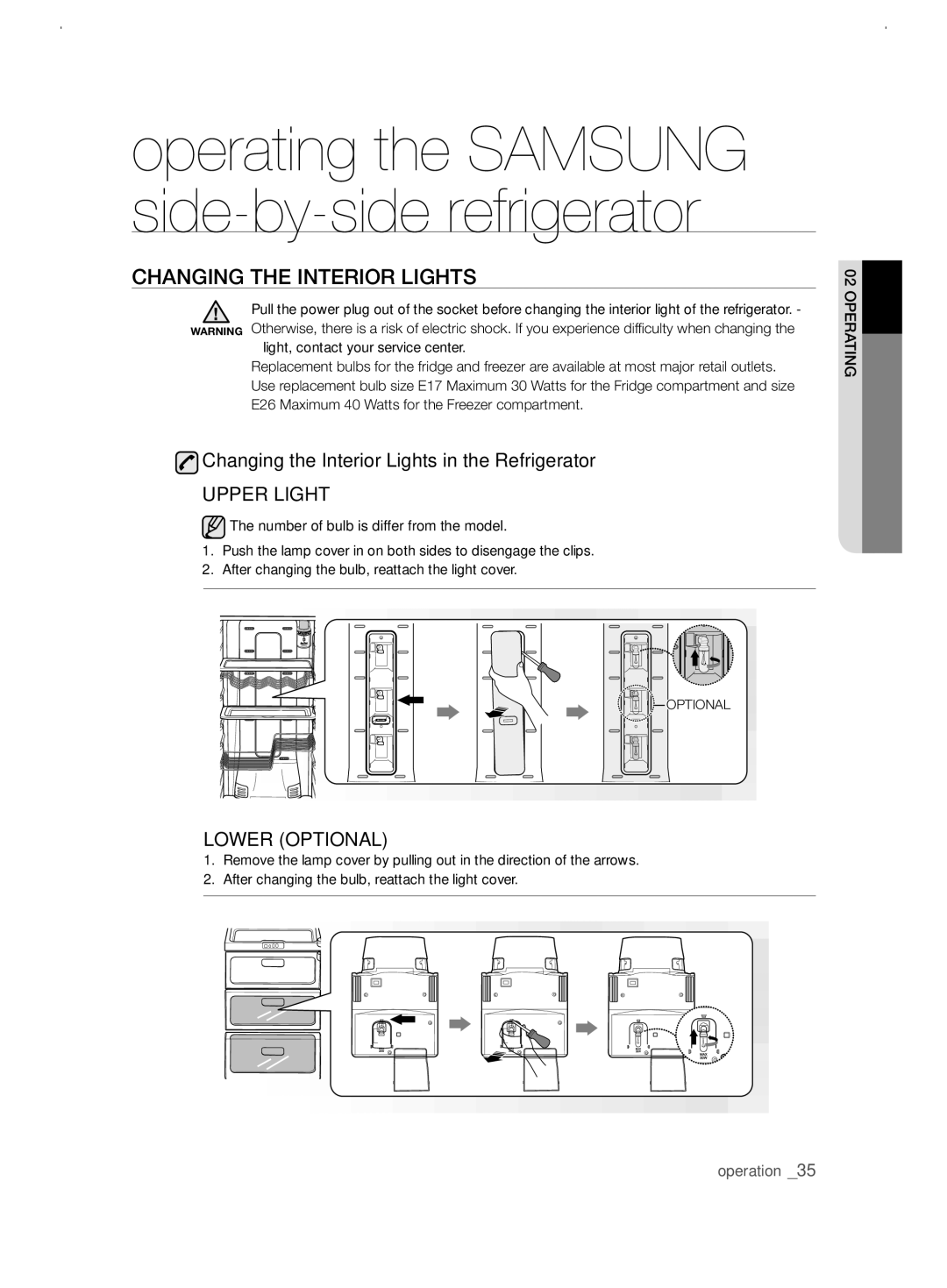 Samsung RSJ1KERS1/XEH, RSJ1KERS1/XAG manual CHanging tHE intErior LigHts, Changing the Interior Lights in the Refrigerator 