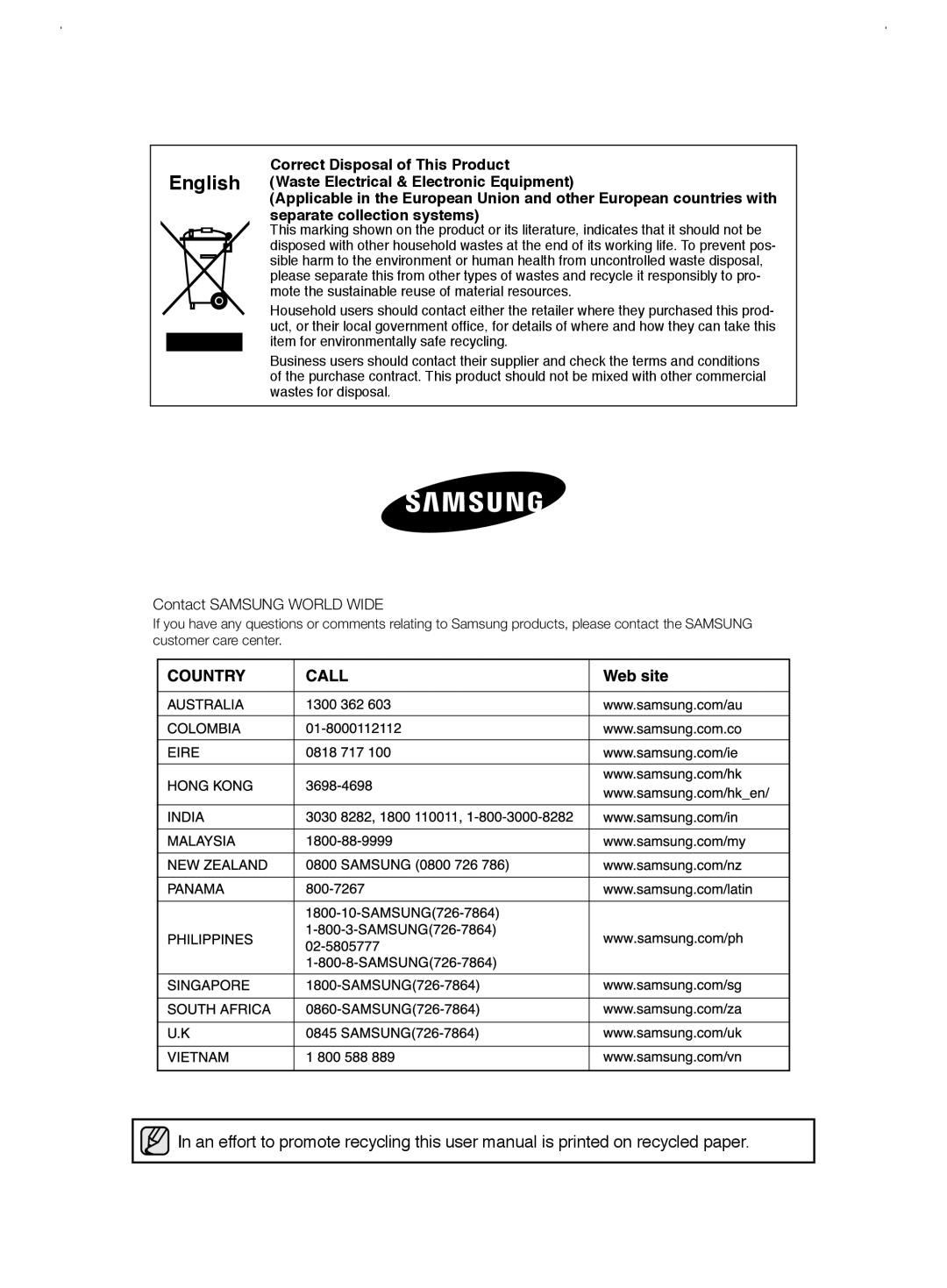 Samsung RSJ1KERS1/XEH, RSJ1KERS1/XAG, RSJ1ZERS1/XEH, RSJ1KERS1/XEO, RSJ1KERS1/SWS manual Contact Samsung World Wide 