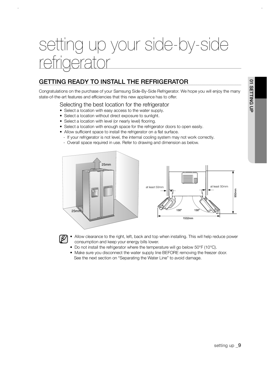 Samsung RSJ1KERS1/SWS manual GEtting rEaDy to instaLL tHE rEfrigErator, Selecting the best location for the refrigerator 