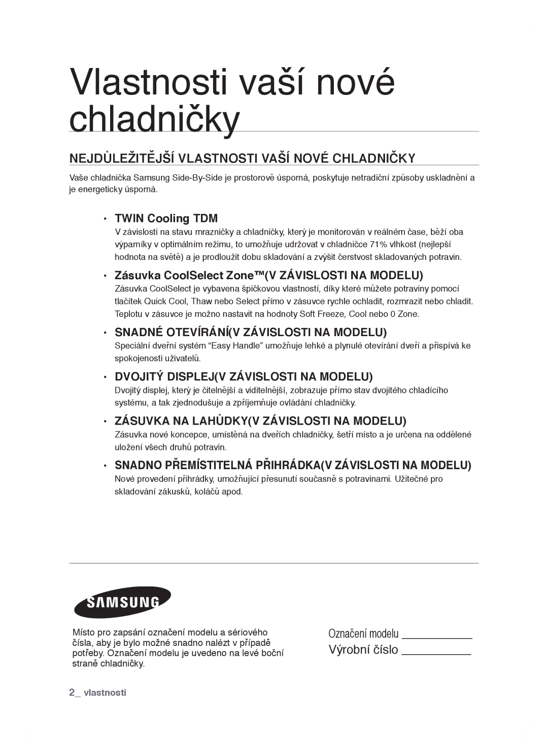 Samsung RSJ1ZERS1/XEH, RSJ1KERS1/XEH, RSJ1KERS1/XAG manual Nejdůležitější Vlastnosti Vaší Nové Chladničky, Twin Cooling TDM 