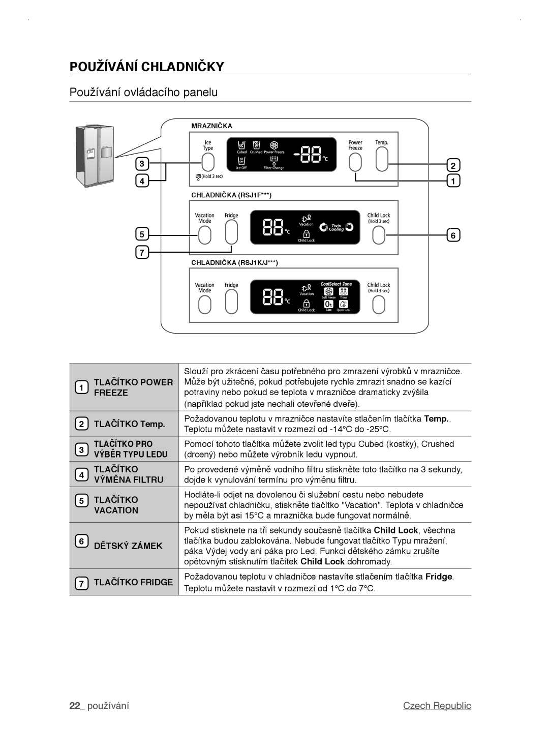 Samsung RSJ1KERS1/XEH, RSJ1KERS1/XAG manual Používání Chladničky, Používání ovládacího panelu 