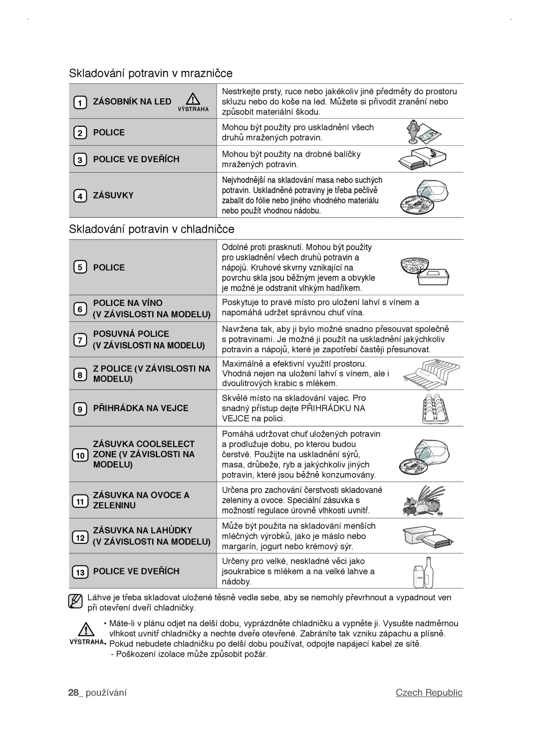 Samsung RSJ1KERS1/XEH, RSJ1KERS1/XAG manual Skladování potravin v mrazničce, Skladování potravin v chladničce 