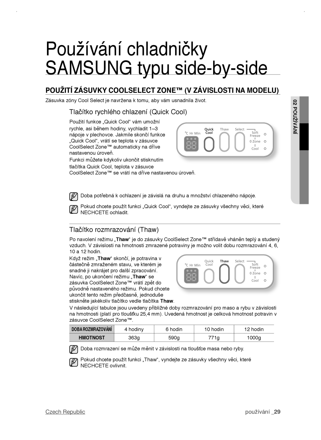 Samsung RSJ1KERS1/XAG manual Použití Zásuvky Coolselect Zone V Závislosti NA Modelu, Tlačítko rychlého chlazení Quick Cool 