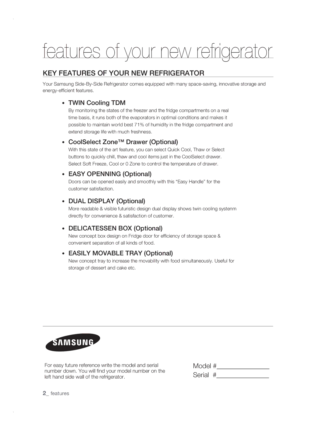 Samsung RSJ1KESV1/XSV, RSJ1KERS1/XSV manual Key features of your new refrigerator 