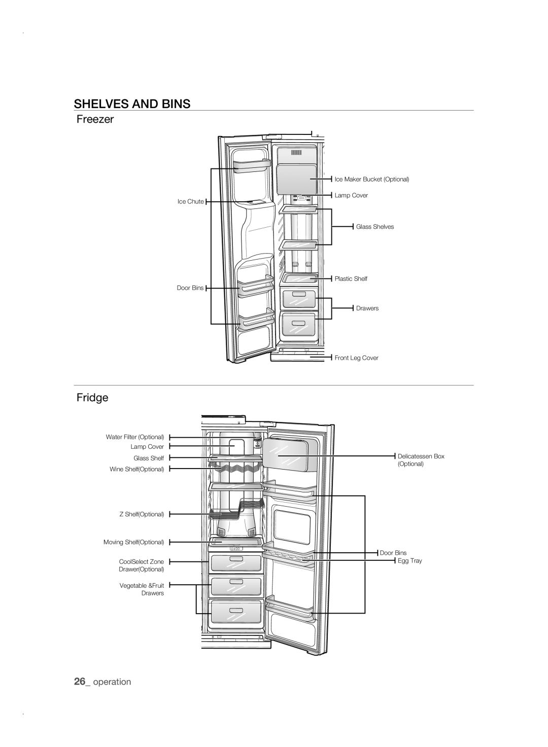 Samsung RSJ1KESV1/XSV, RSJ1KERS1/XSV manual SHELVEs anD Bins, Freezer, Fridge 