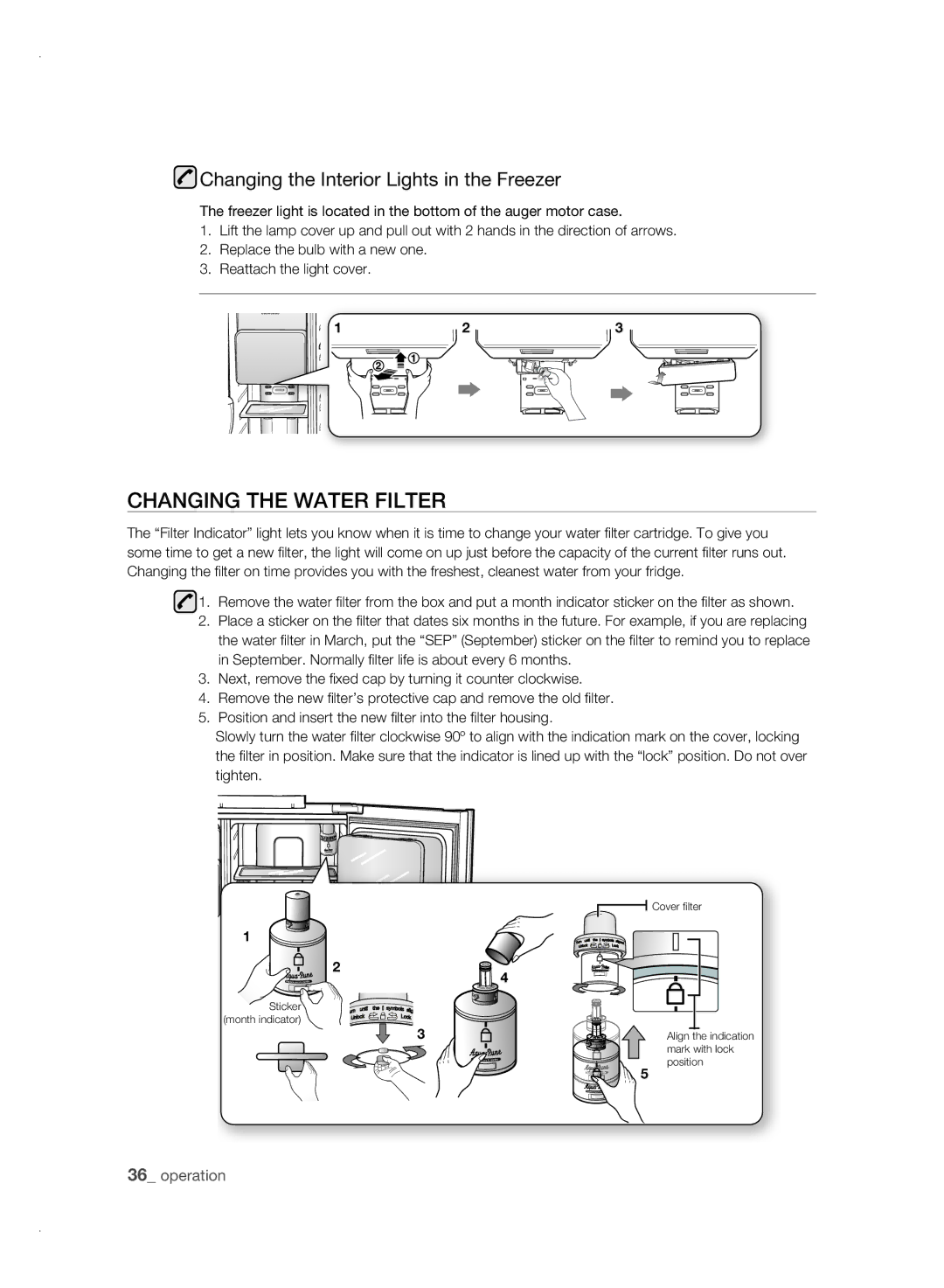 Samsung RSJ1KESV1/XSV, RSJ1KERS1/XSV manual CHanging tHE watEr fiLtEr, Changing the Interior Lights in the Freezer 