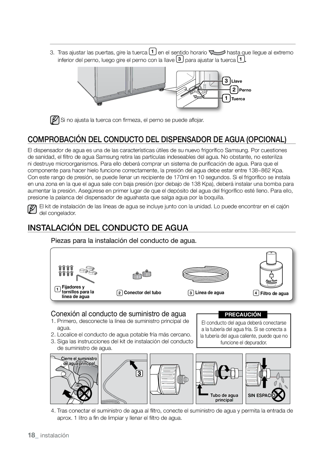 Samsung RSJ1KERS1/XEH, RSJ1KURS1/XES manual Instalación DEL Conducto DE Agua, Conexión al conducto de suministro de agua 