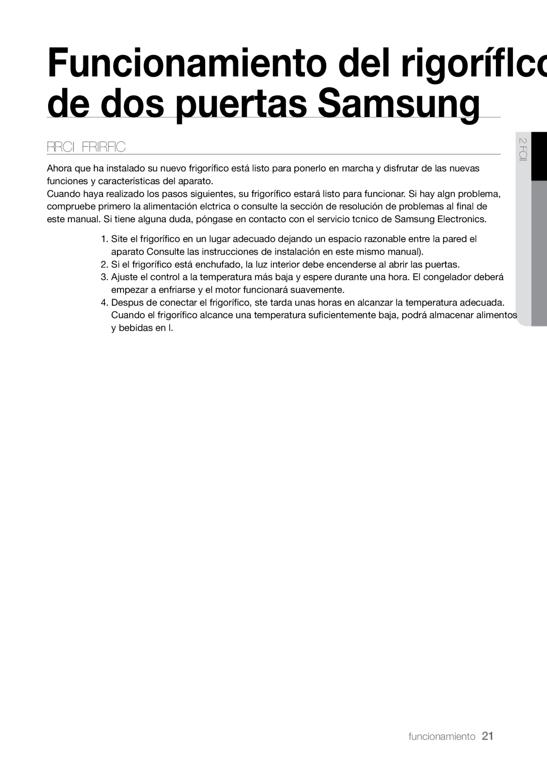 Samsung RSJ1KURS1/XEP, RSJ1KURS1/XES Funcionamiento del frigorífico de dos puertas Samsung, Preparación DEL Frigorífico 