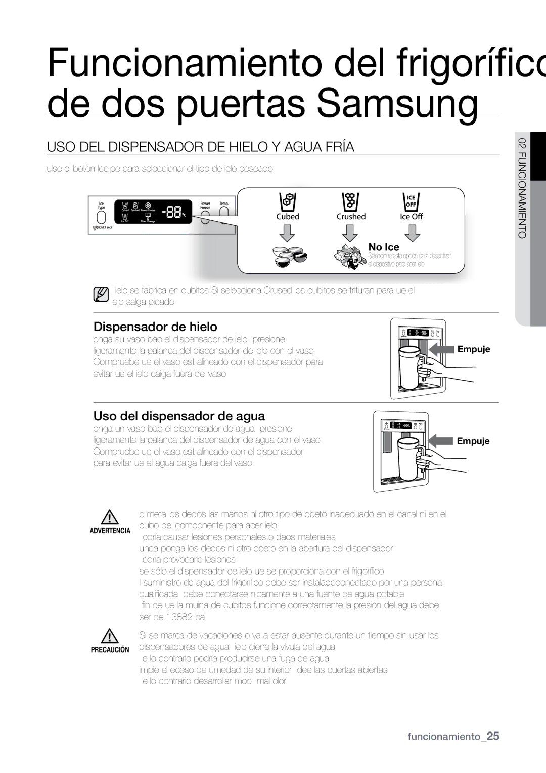 Samsung RSJ1KURS1/XES manual USO DEL Dispensador DE Hielo Y Agua Fría, Dispensador de hielo, Uso del dispensador de agua 