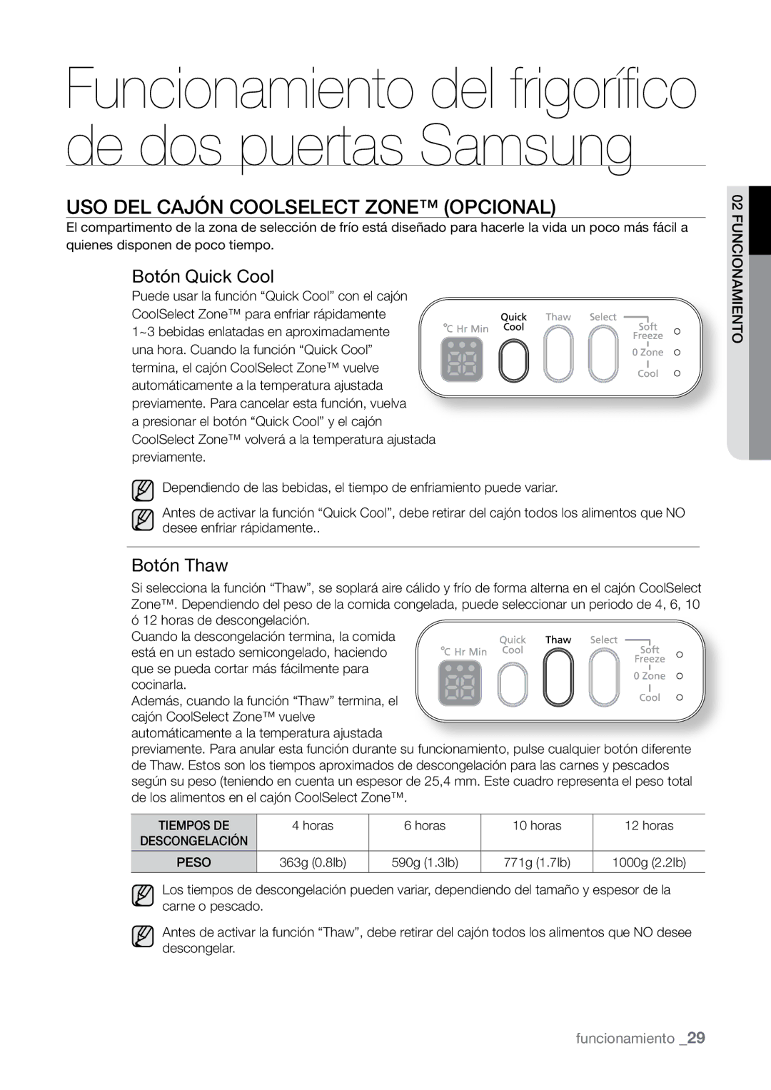 Samsung RSJ1KERS1/XES, RSJ1KURS1/XES, RSJ1KURS1/XEP, RSJ1KSSV1/XES, RSJ1KERS1/XEH manual Botón Quick Cool, Botón Thaw 