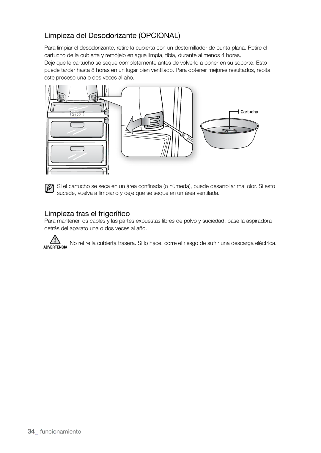 Samsung RSJ1KERS1/XES, RSJ1KURS1/XES, RSJ1KURS1/XEP manual Limpieza del Desodorizante Opcional, Limpieza tras el frigorífico 