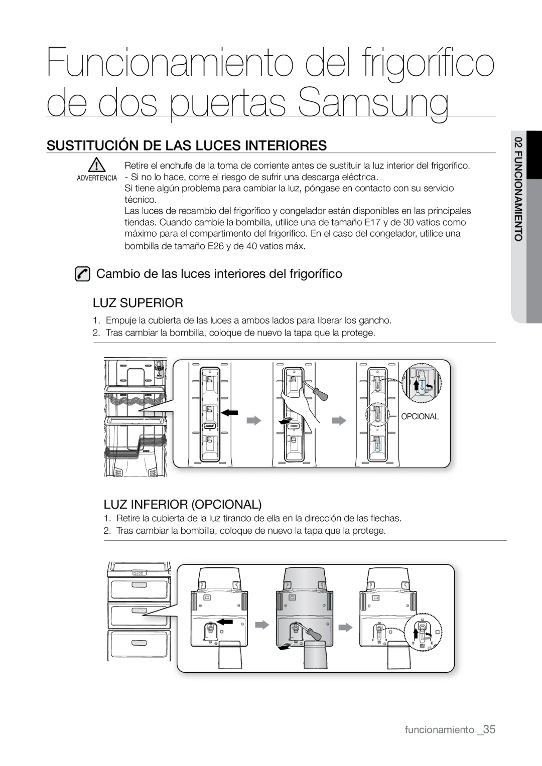 Samsung RSJ1KURS1/XES, RSJ1KURS1/XEP Sustitución DE LAS Luces Interiores, Cambio de las luces interiores del frigorífico 