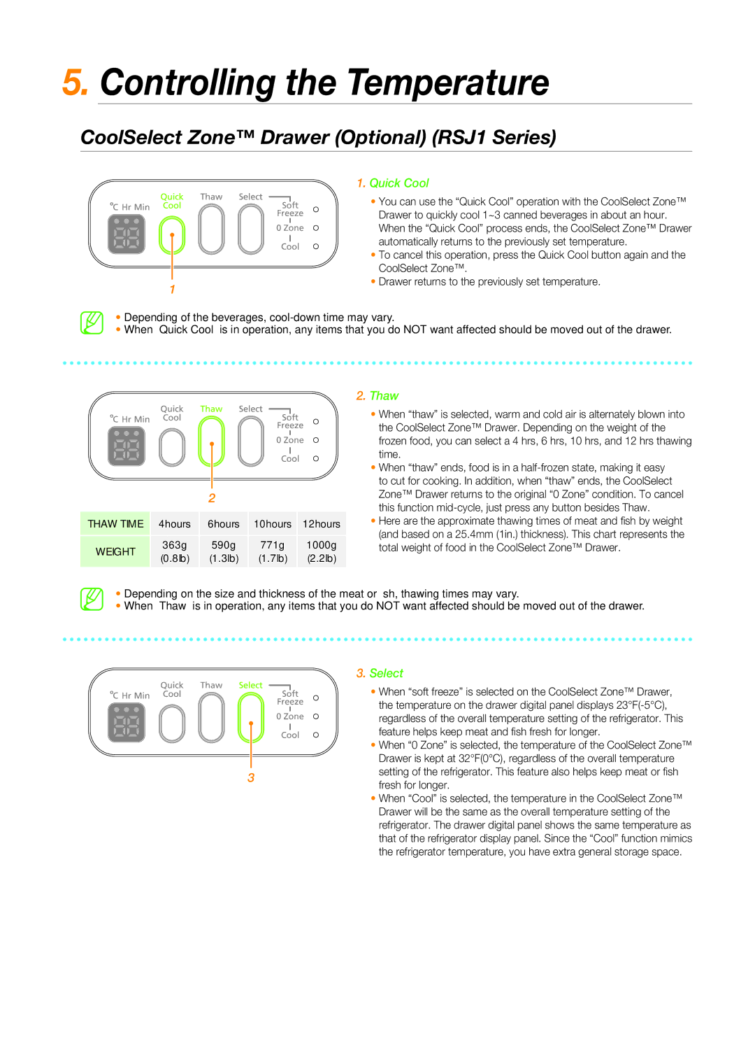 Samsung RSJ1ZERS1/XEH manual Controlling the Temperature, CoolSelect Zone Drawer Optional RSJ1 Series 