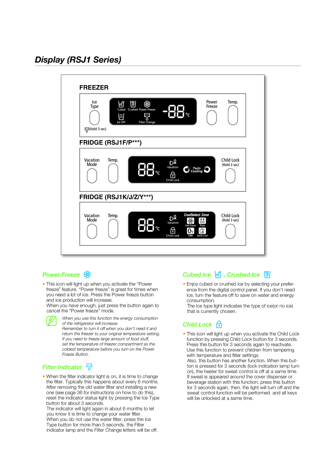 Samsung RSJ1ZERS1/XEH manual Display RSJ1 Series, Power Freeze 