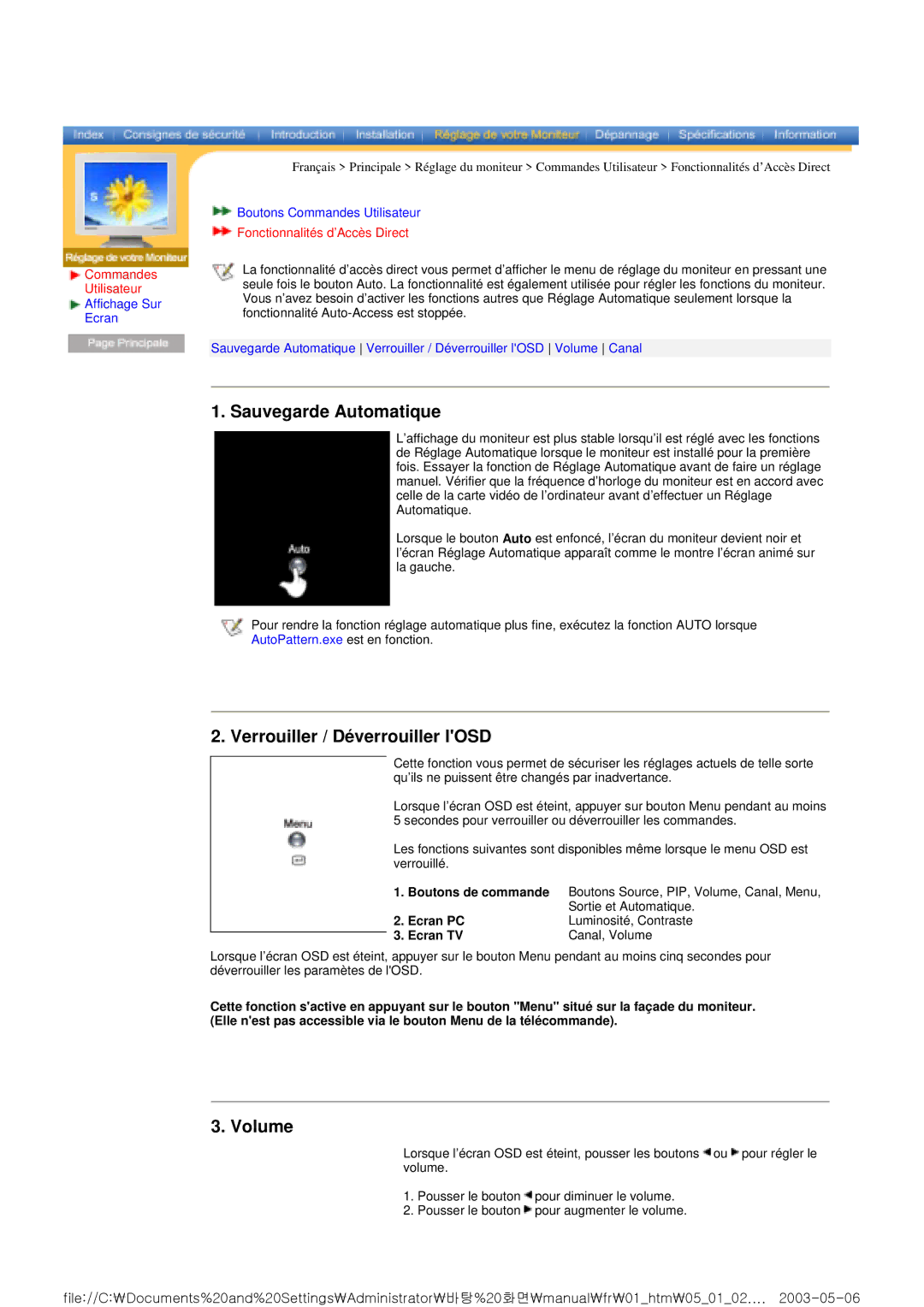 Samsung RT15ASSST/EDC, RT15ASSS/EDC, RT17ASSST/EDC manual Sauvegarde Automatique, Verrouiller / Déverrouiller lOSD, Volume 