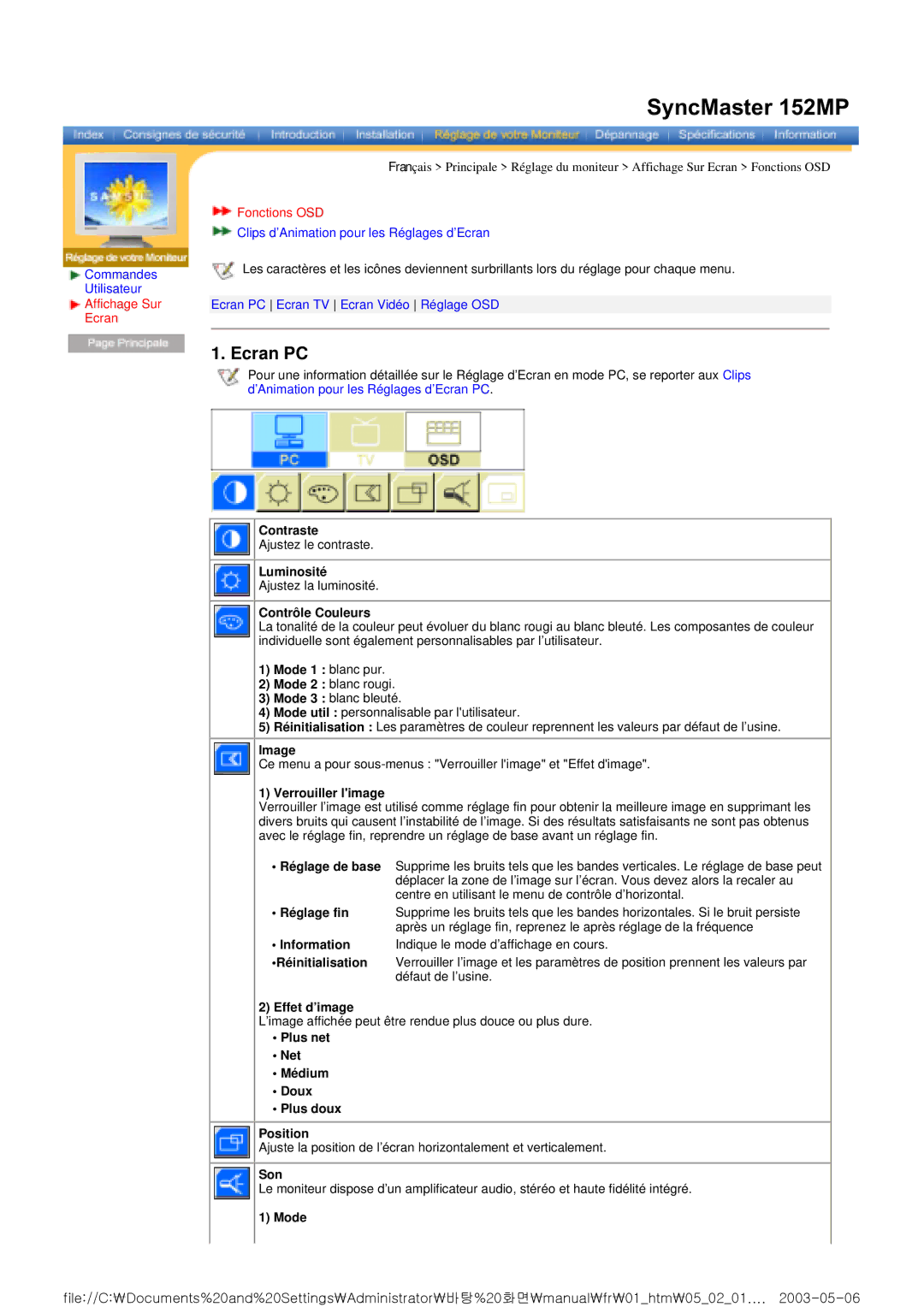 Samsung RT17ASSST/EDC, RT15ASSST/EDC, RT15ASSS/EDC manual Ecran PC 