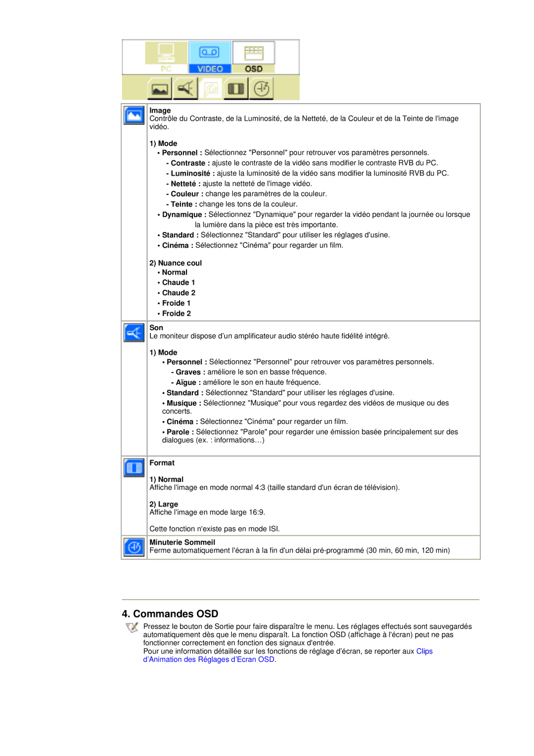 Samsung RT17ASSST/EDC manual Commandes OSD, Nuance coul Normal Chaude Froide Son, Format Normal, Large, Minuterie Sommeil 